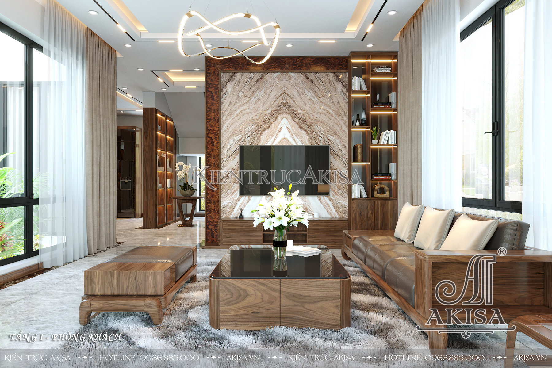 Thiết kế nội thất hiện đại gỗ óc chó kết hợp Veneer - Phòng khách