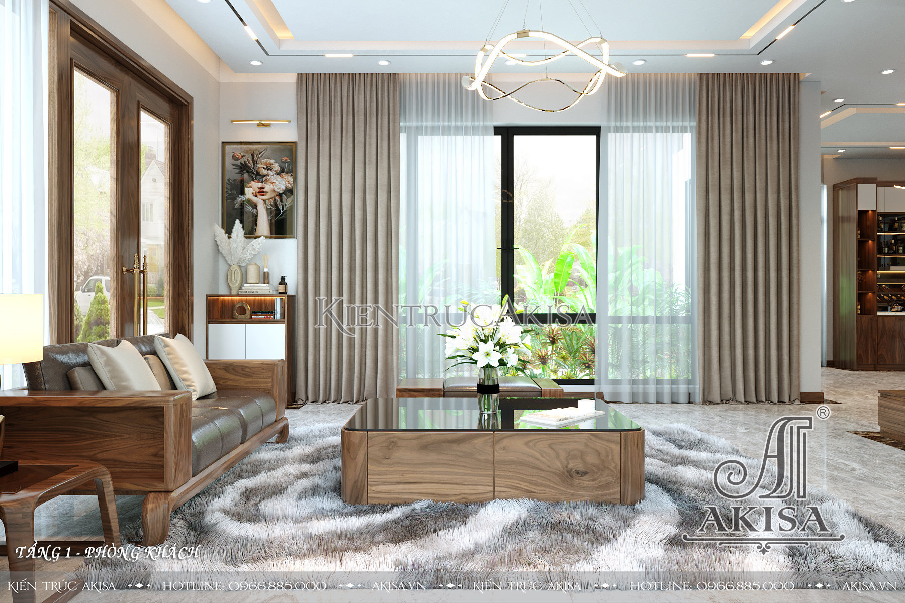 Thiết kế nội thất hiện đại gỗ óc chó kết hợp Veneer - Phòng khách