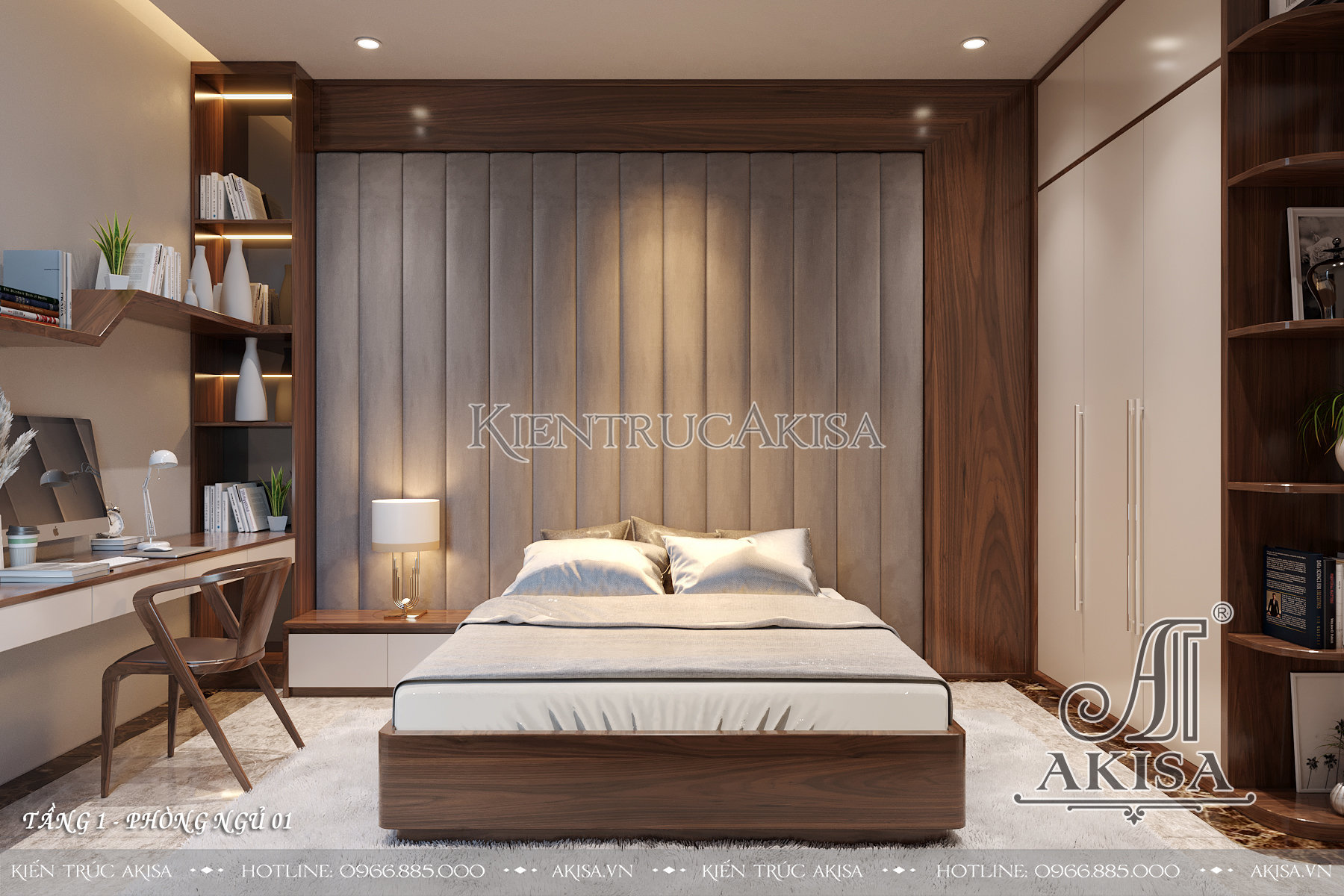Thiết kế nội thất hiện đại gỗ óc chó kết hợp Veneer - Phòng ngủ