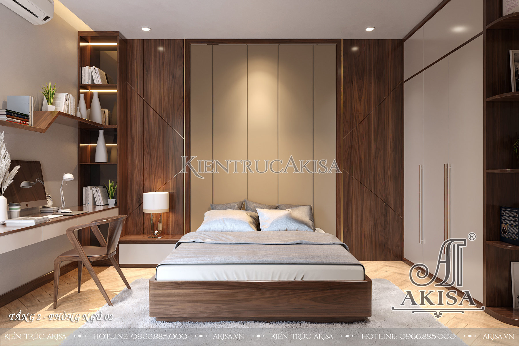 Thiết kế nội thất hiện đại gỗ óc chó kết hợp Veneer - Phòng ngủ