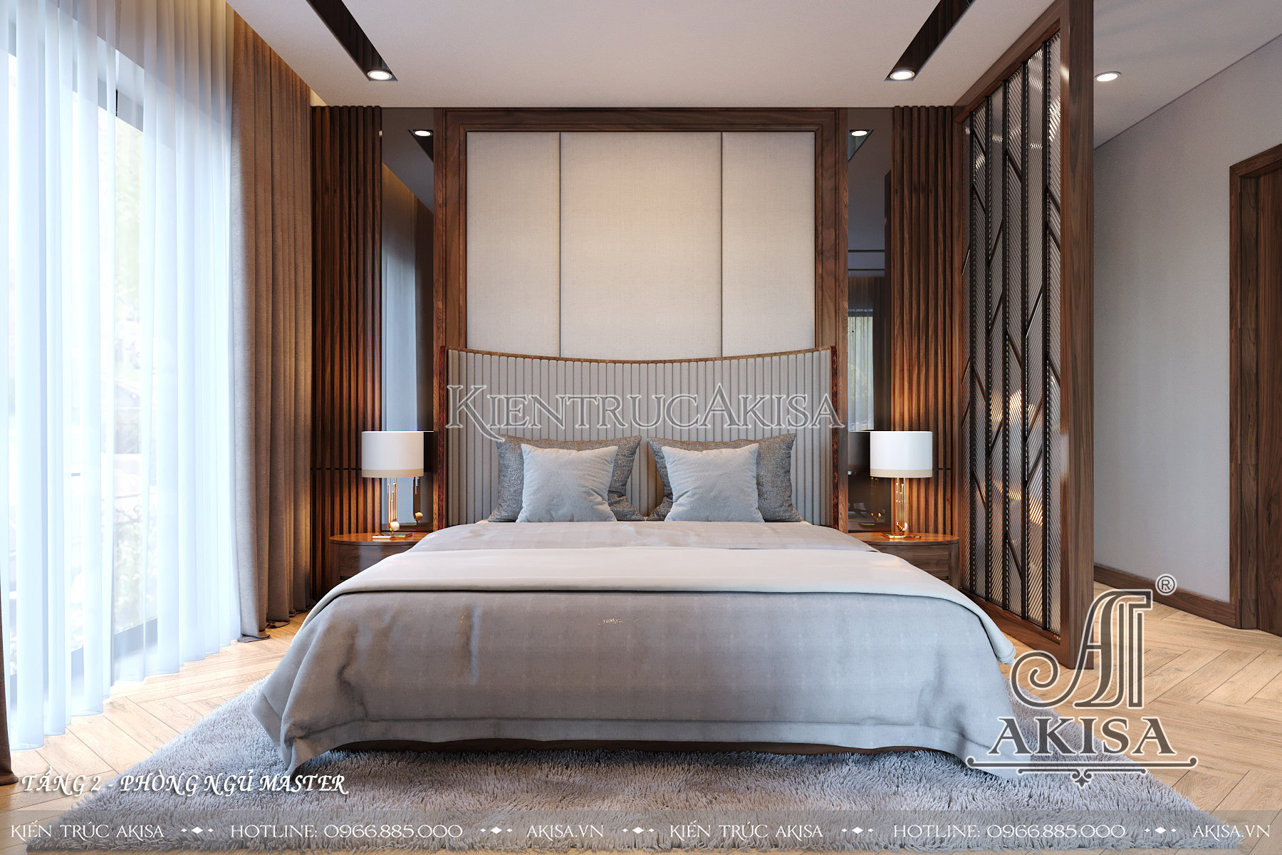 Thiết kế nội thất hiện đại gỗ óc chó kết hợp Veneer - Phòng ngủ Master