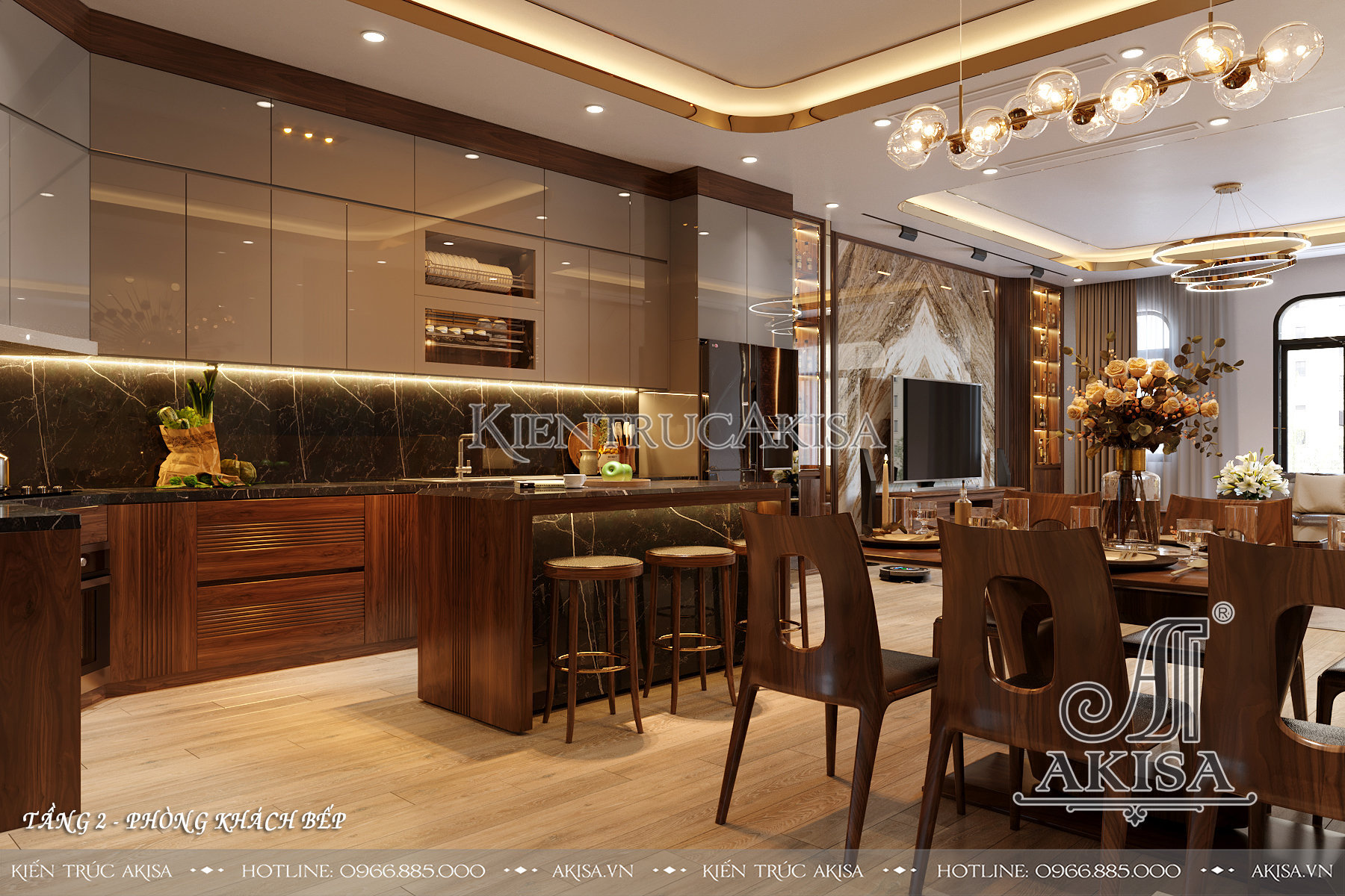 Thiết kế nội thất gỗ óc chó đẹp hiện đại - Phòng bếp ăn