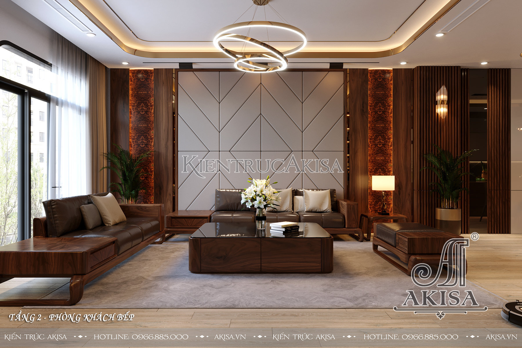 Thiết kế nội thất gỗ óc chó đẹp hiện đại - Phòng khách