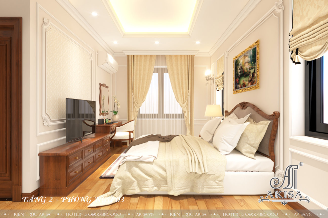 Phòng ngủ sang trọng, tiện nghi với gam màu trắng - be chủ đạo tạo cảm giác ấm áp, thoải mái.