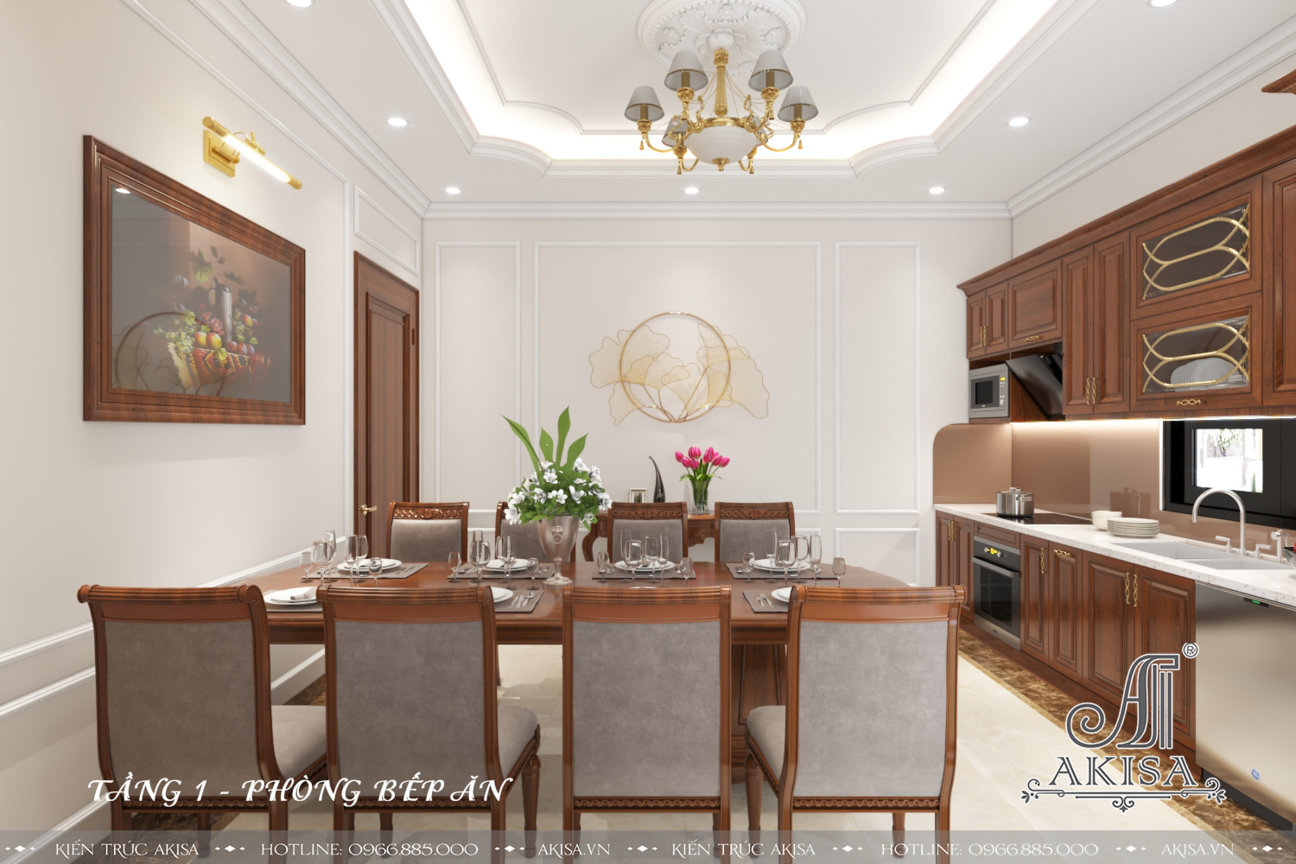 Phòng bếp thiết kế gọn gàng, thanh thoát với đầy đủ các đồ nội thất hiện đại, tiện nghi, tạo cảm giác thoải mái và ấm cúng trong mỗi bữa ăn với cả gia đình.