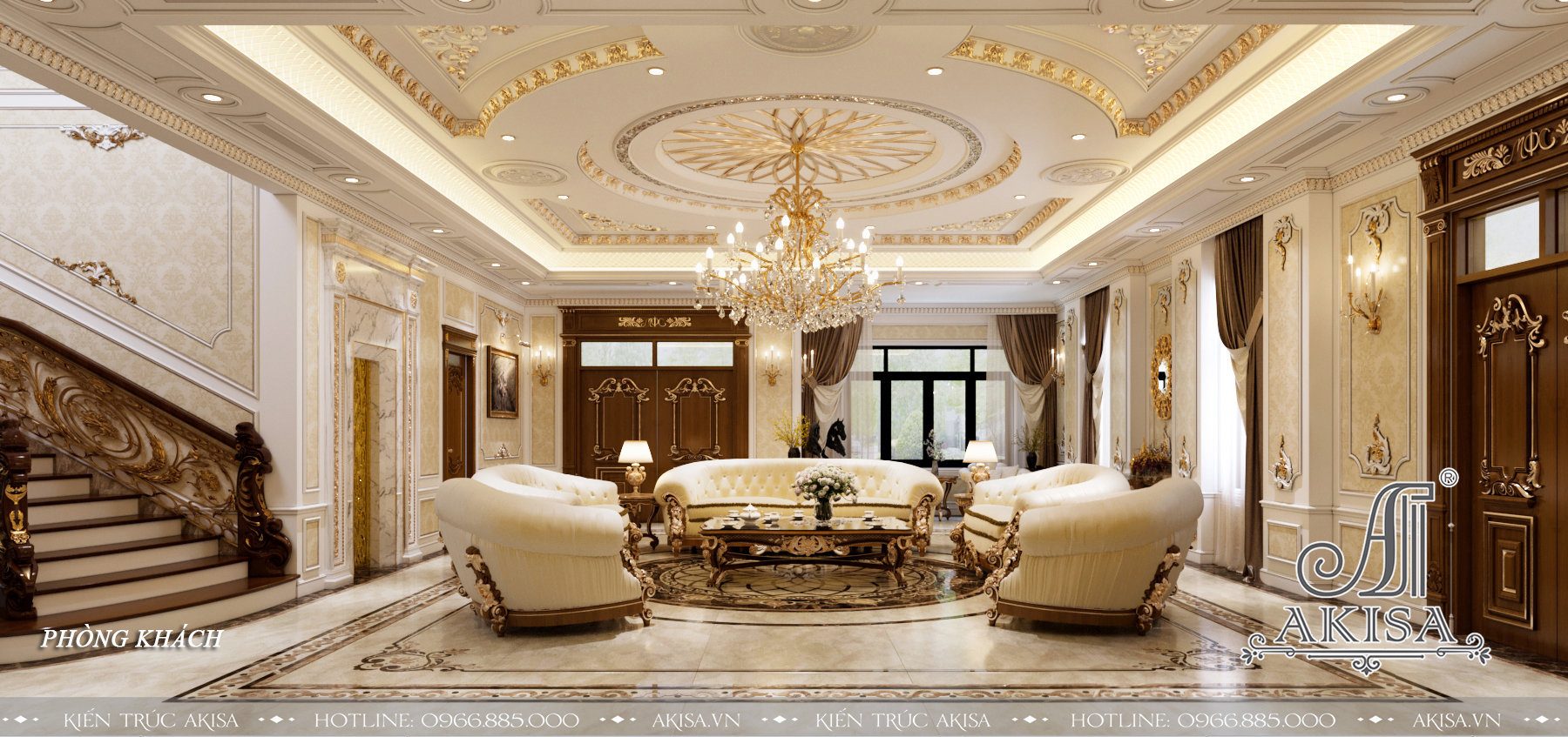 Phòng khách biệt thự 3 tầng thiết kế sang trọng, lộng lẫy với gam màu be kết hợp với các họa tiết trang trí mạ vàng của các đồ vật trang trí nội thất, diện tường, trần, đèn chùm