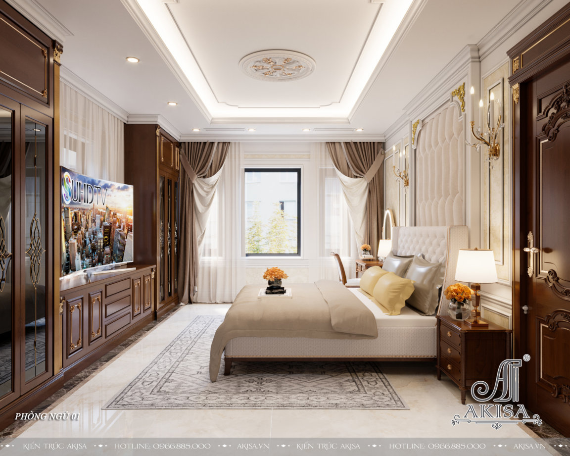 Phòng ngủ rộng rãi với tông màu trắng làm chủ đạo cùng những vật dụng nội thất sang trọng mang lại vẻ đẹp thanh lịch, tinh tế, đáp ứng nhu cầu sử dụng của gia chủ
