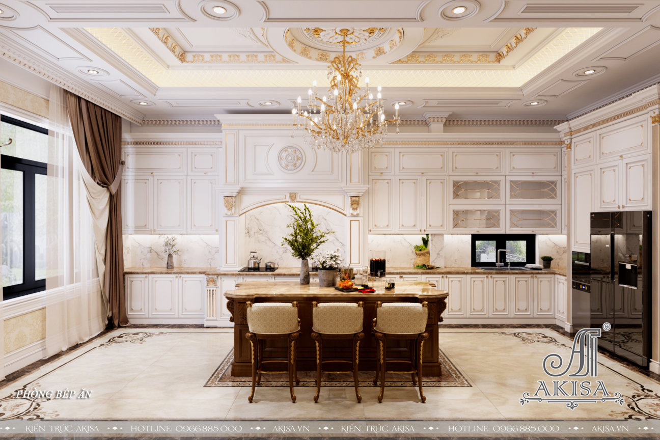 Phòng bếp sử dụng màu trắng làm chủ đạo, có sự kết nối với phòng khách tạo vẻ đẹp đồng điệu, hài hòa