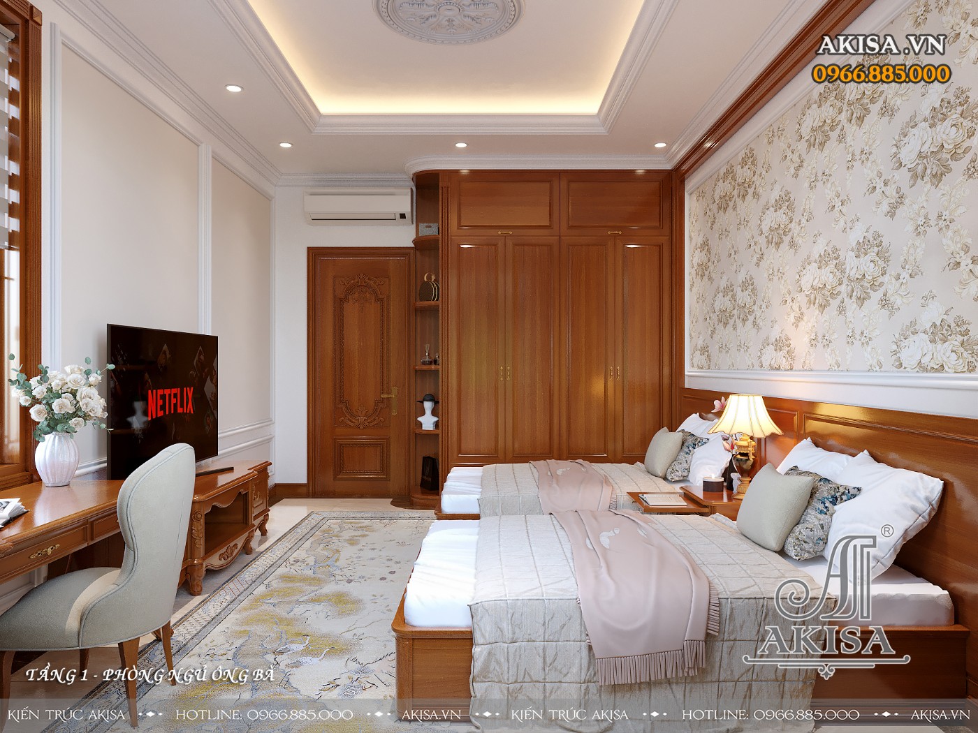Mẫu nội thất biệt thự tân cổ điển gỗ gõ đỏ đẹp