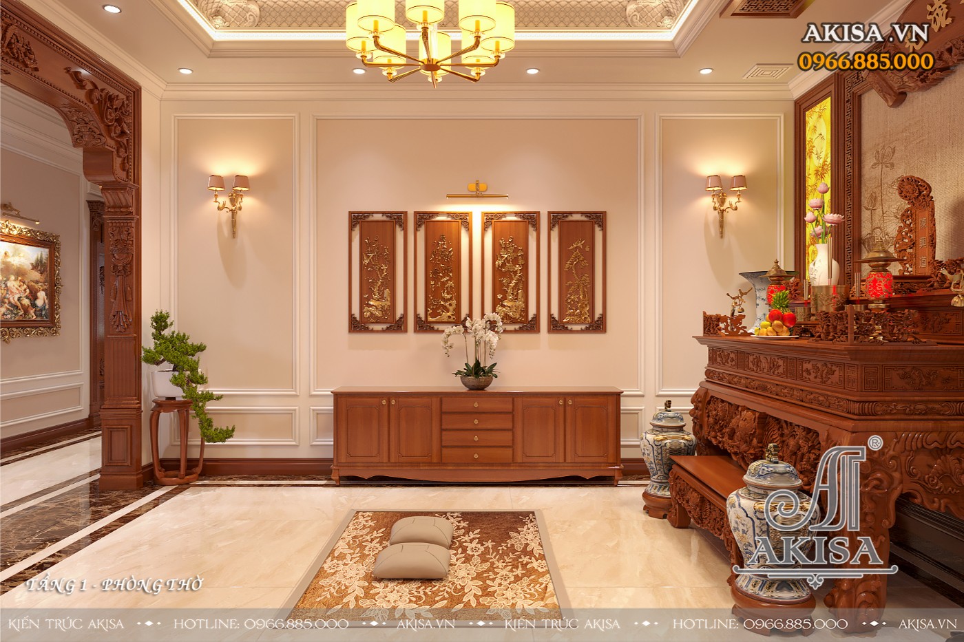 Mẫu nội thất biệt thự tân cổ điển gỗ gõ đỏ đẹp