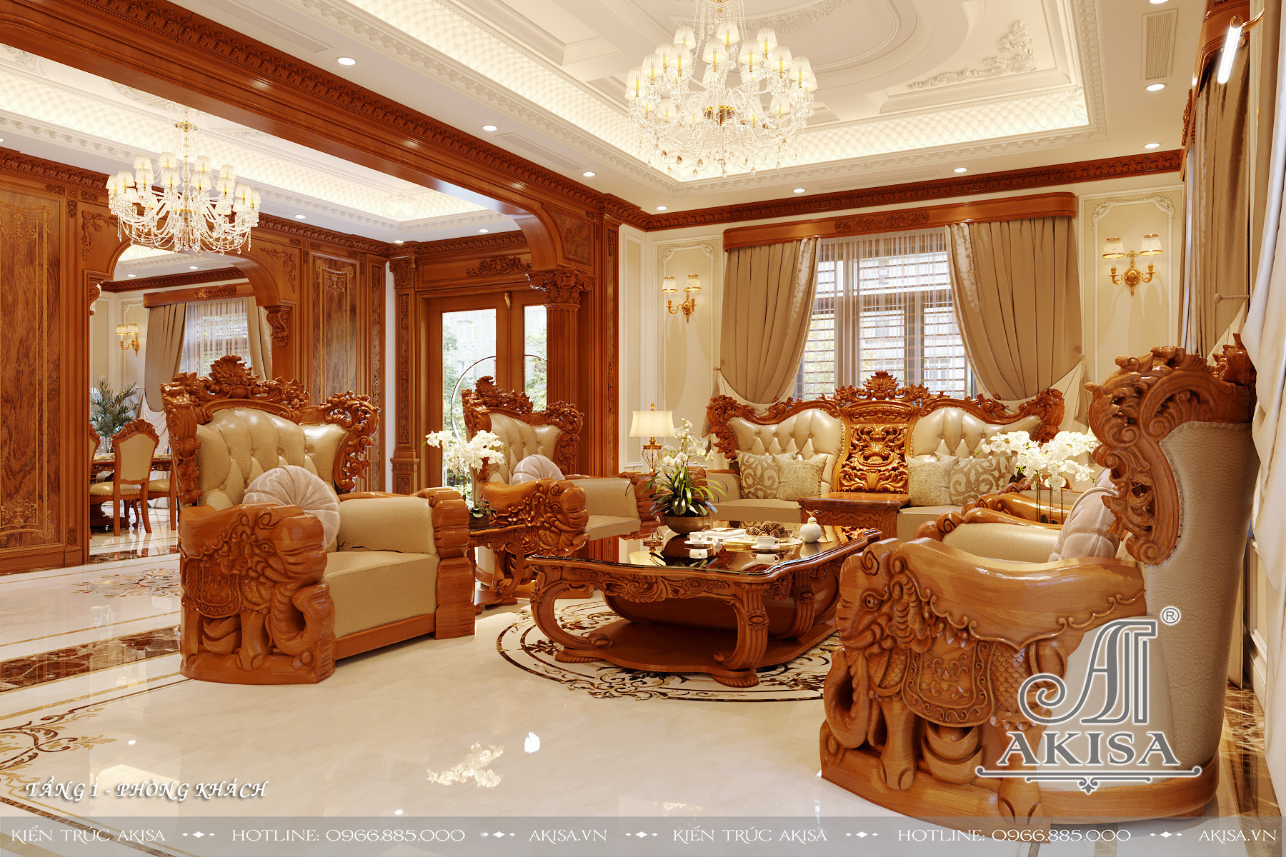 Mẫu nội thất phòng khách bếp tân cổ điển gỗ gõ đỏ đẹp - Phòng khách