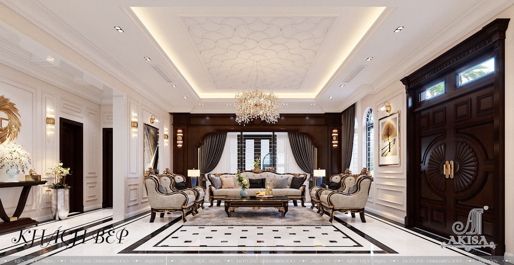 Phòng khách rộng rãi được thiết kế đơn giản, sang trọng với điểm nhấn là bộ bàn ghế sô pha đậm chất quý tộc châu  u 