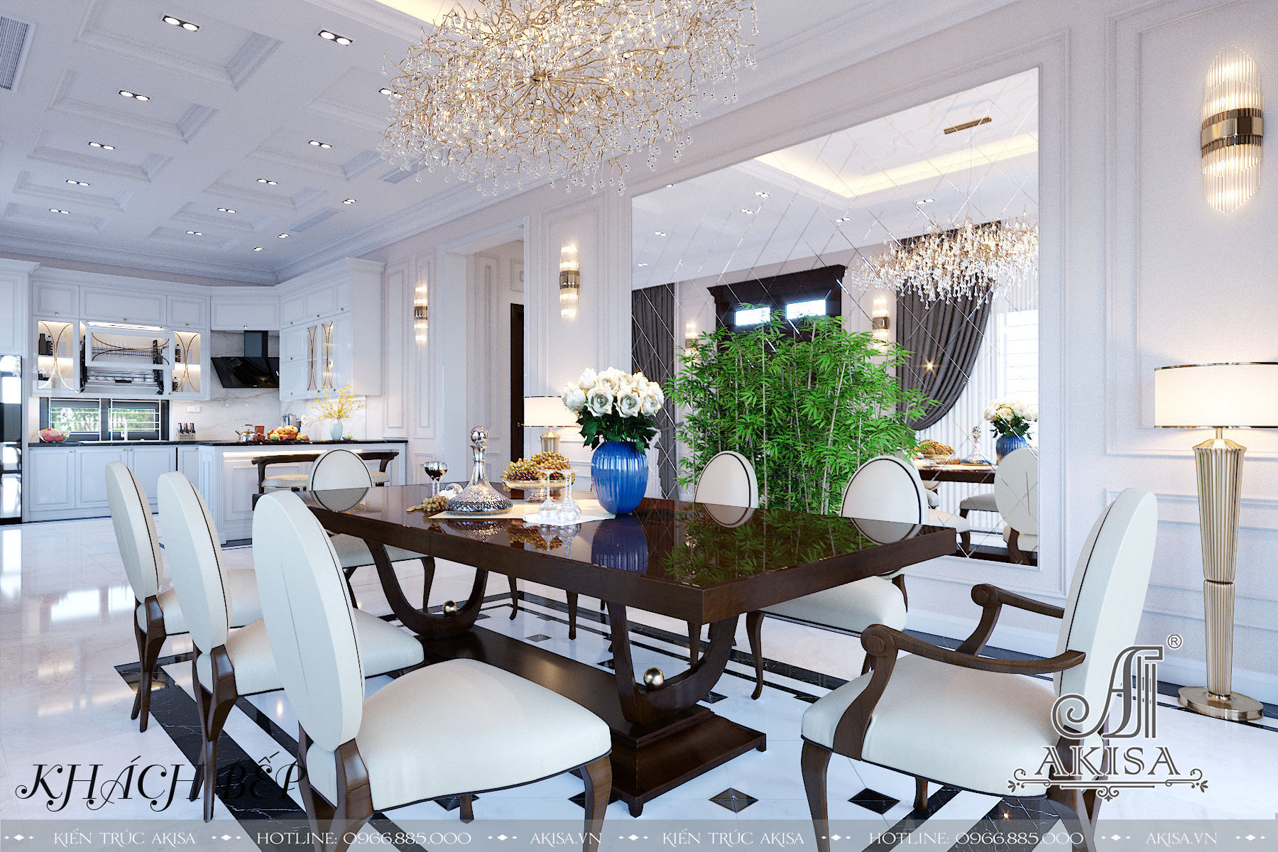 Phòng bếp với tông màu trắng tinh tế, kết hợp với đồ nội thất cao cấp hiện đại, tiện nghi