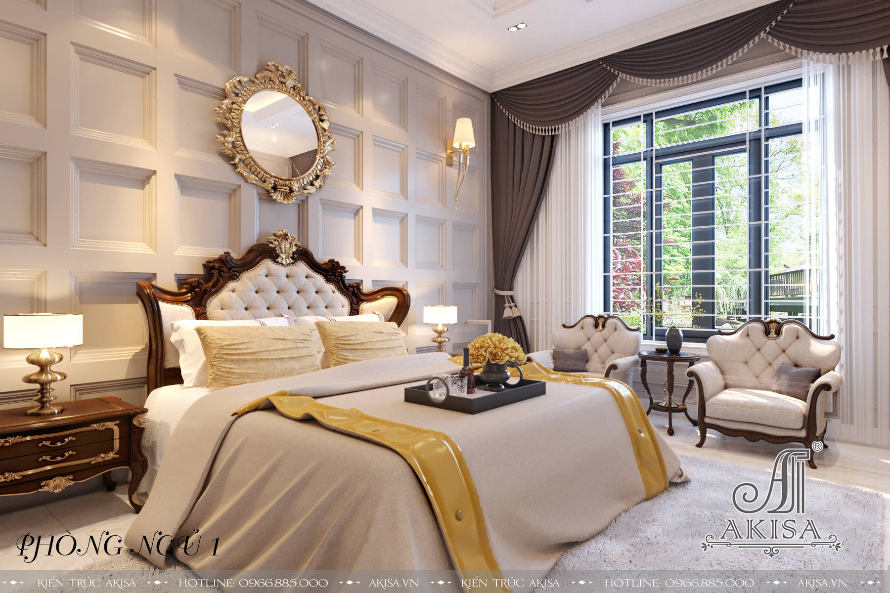 Phòng ngủ thiết kế tông màu vàng trắng sang trọng, chú trọng sự tiện nghi, tối ưu không gian, thể hiện cá tính của chủ nhân.