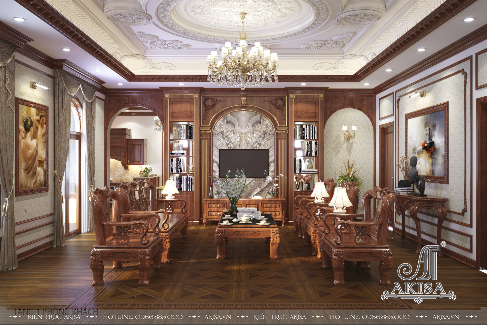 Phòng khách nổi bật với nội thất bằng gỗ tự nhiên cao cấp sang trọng với những hoa văn điêu khắc tinh xảo, quý phái