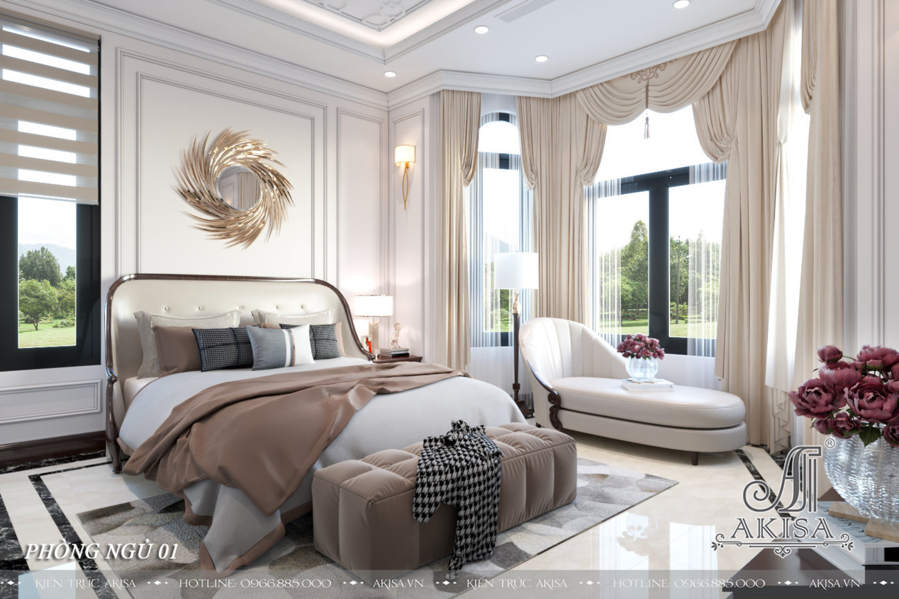 Gam màu trắng kem kết hợp với đồ nội thất thiết kế đơn giản mang lại vẻ đẹp thanh lịch, nhã nhặn cho căn phòng ngủ