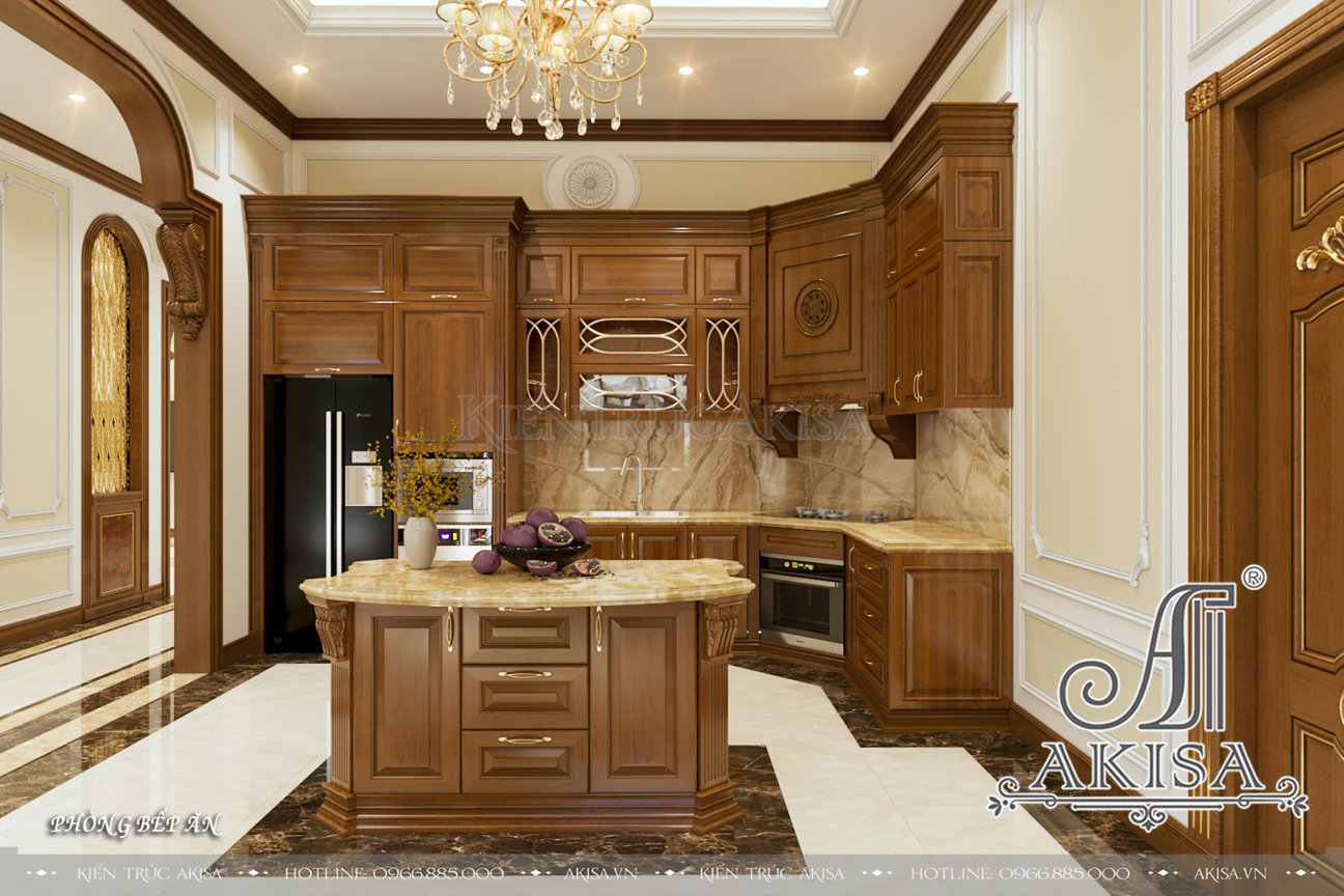Thiết kế phòng bếp ấn tượng với nội thất bằng gỗ gõ đỏ đẹp mắt