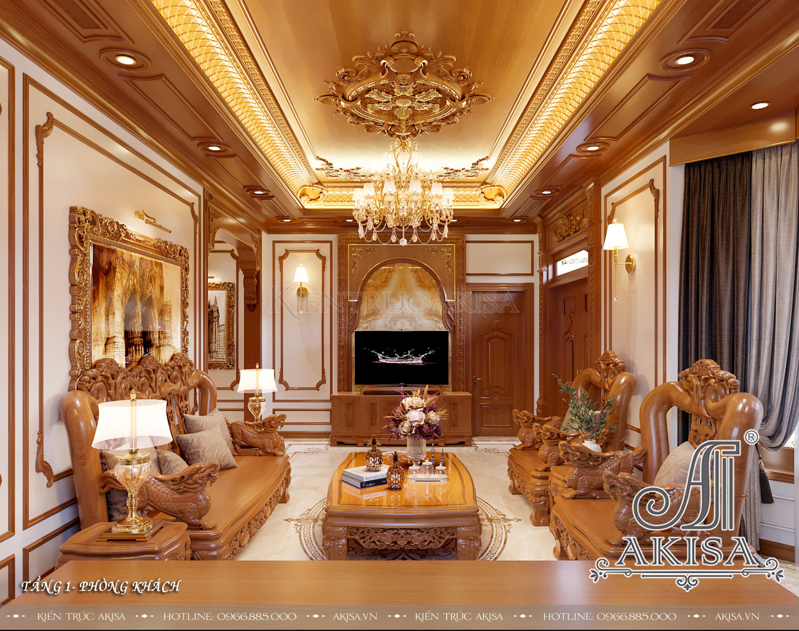 Mẫu nội thất gỗ hương phong cách tân cổ điển - Phòng khách