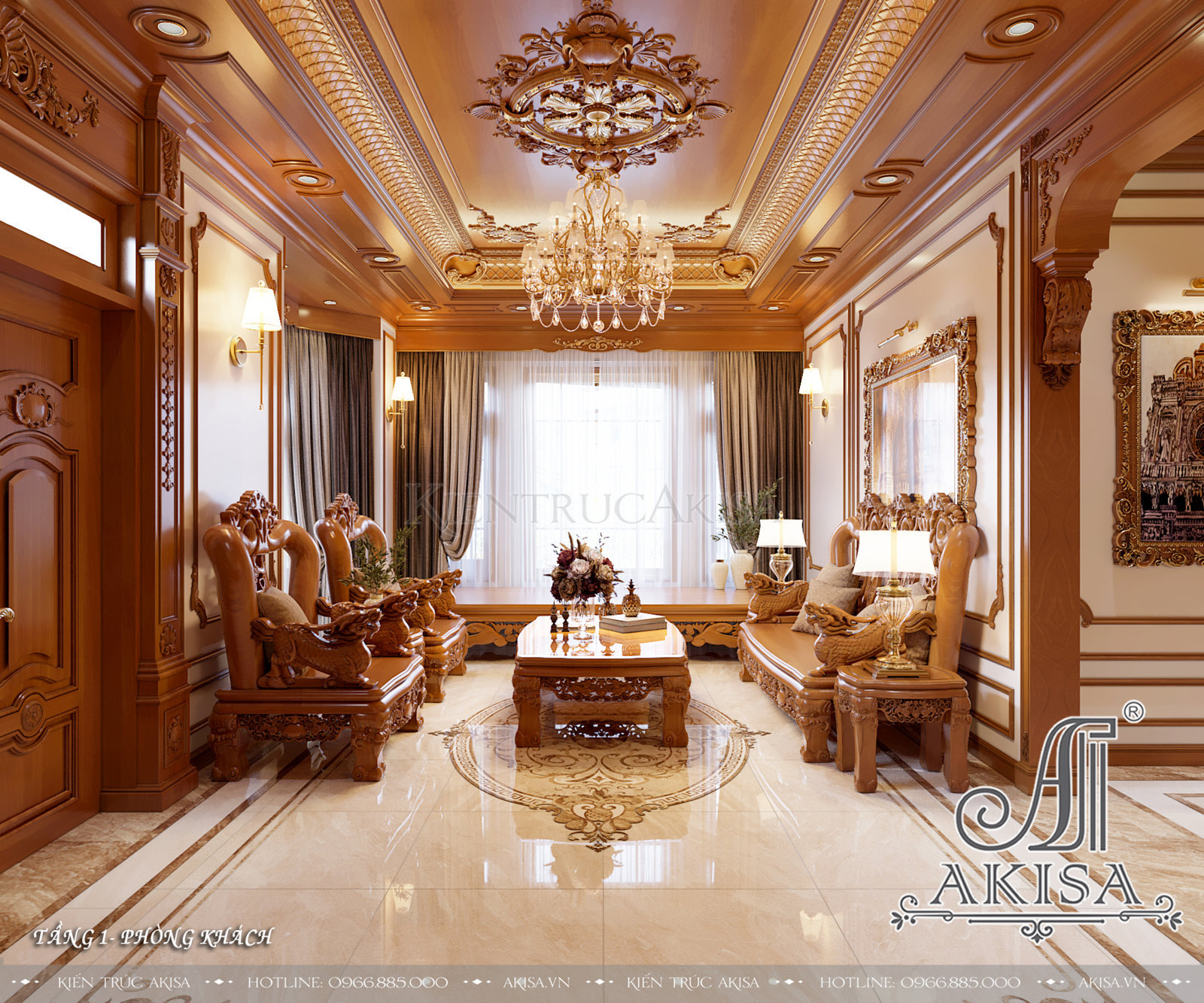 Mẫu nội thất gỗ hương phong cách tân cổ điển - Phòng khách