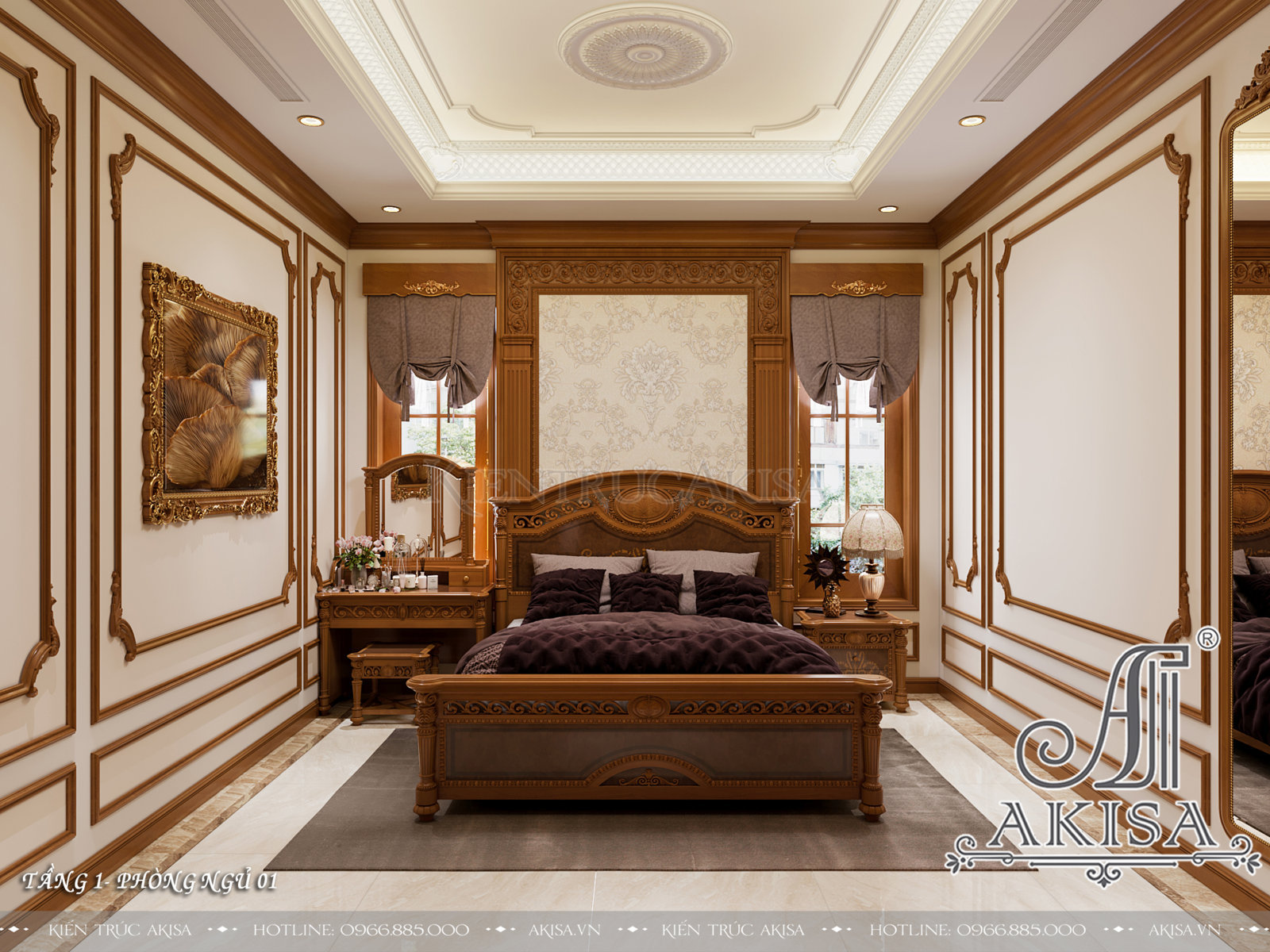 Mẫu nội thất gỗ hương phong cách tân cổ điển - Phòng ngủ 01