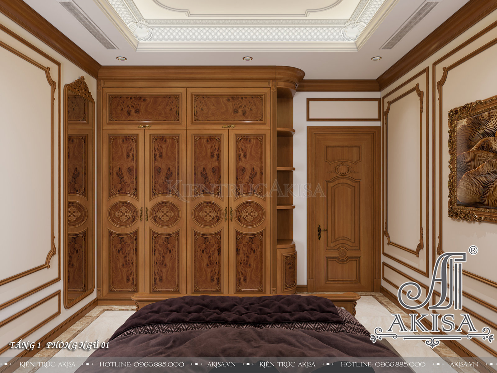 Mẫu nội thất gỗ hương phong cách tân cổ điển - Phòng ngủ 01