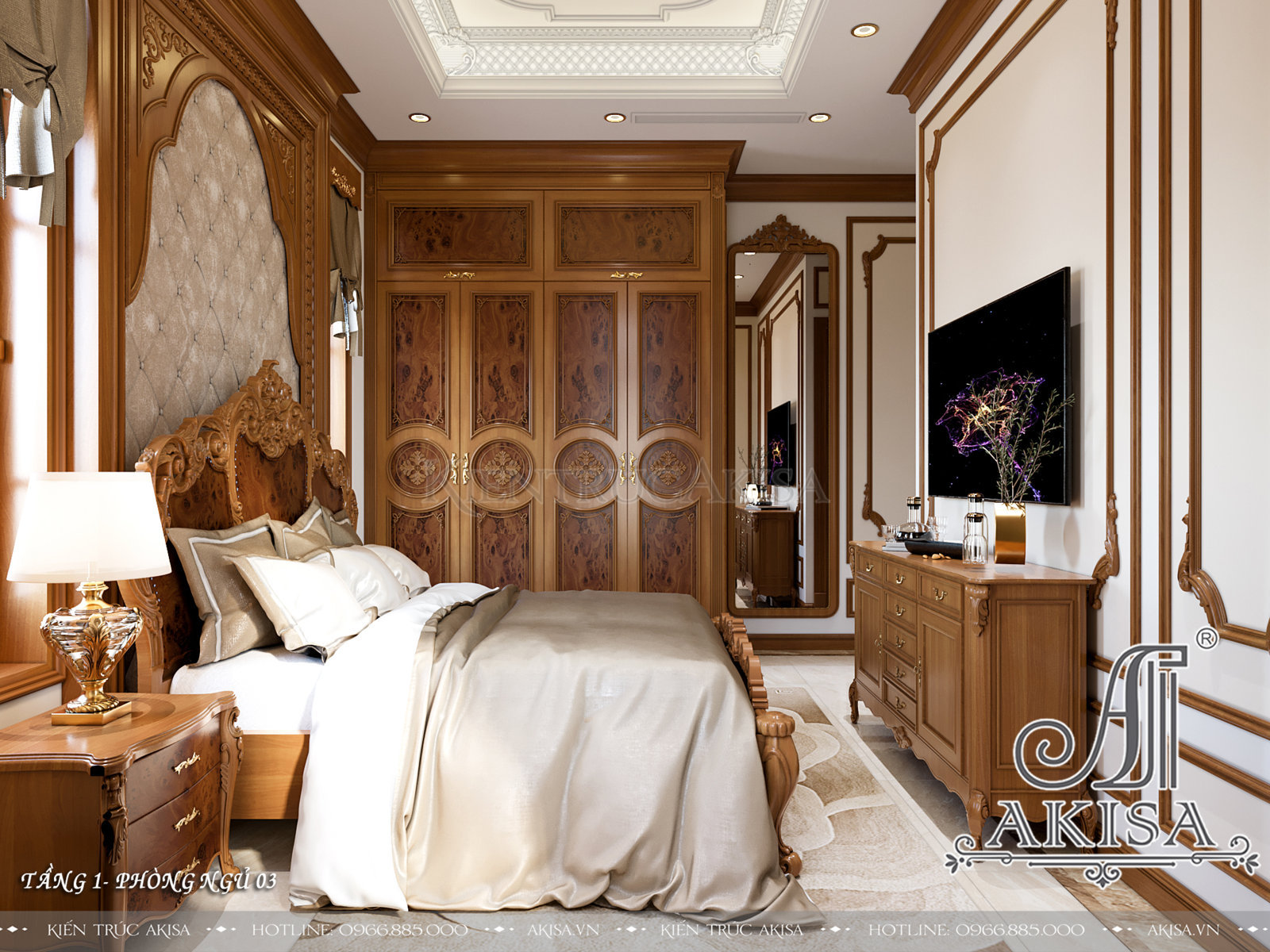 Mẫu nội thất gỗ hương phong cách tân cổ điển - Phòng ngủ 03