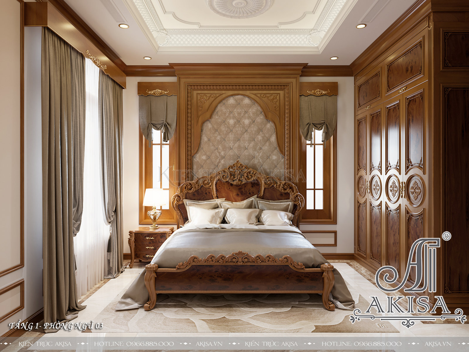 Mẫu nội thất gỗ hương phong cách tân cổ điển - Phòng ngủ 03