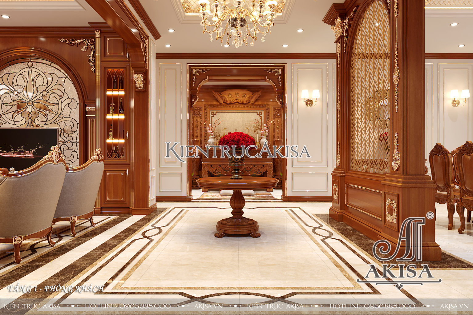 Mẫu nội thất gỗ gõ đỏ tân cổ điển biệt thự 1 tầng - Phòng khách