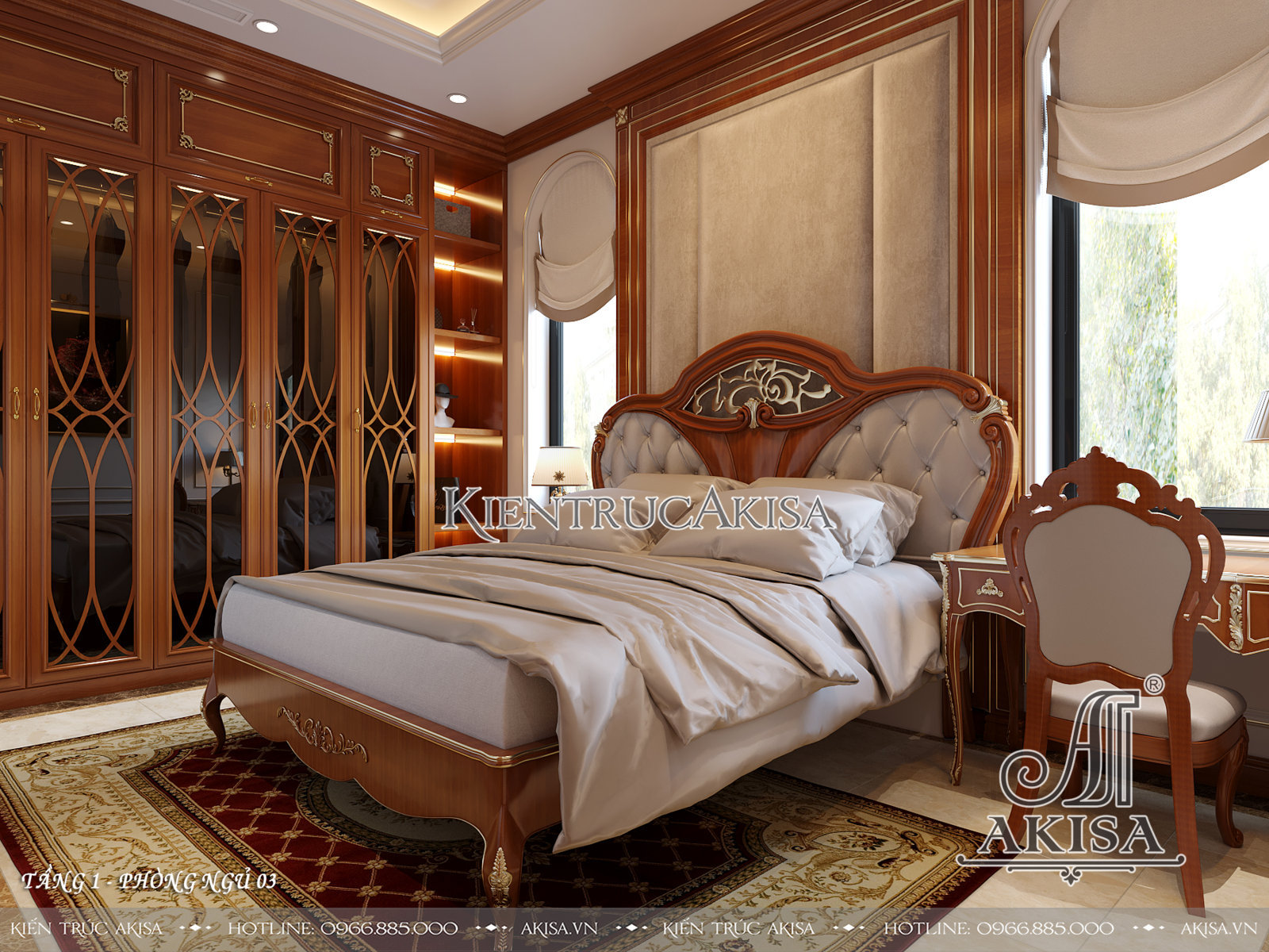 Mẫu nội thất gỗ gõ đỏ tân cổ điển biệt thự 1 tầng - Phòng ngủ