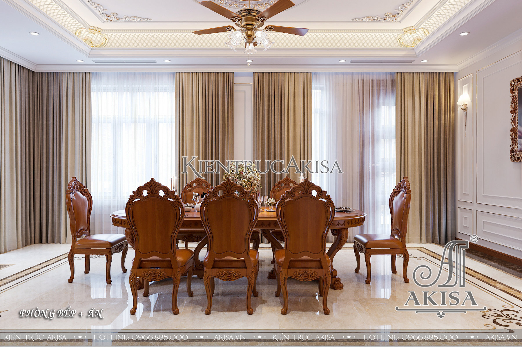 Mẫu nội thất tân cổ điển gỗ gõ đỏ biệt thự 1 tầng - Phòng bếp ăn