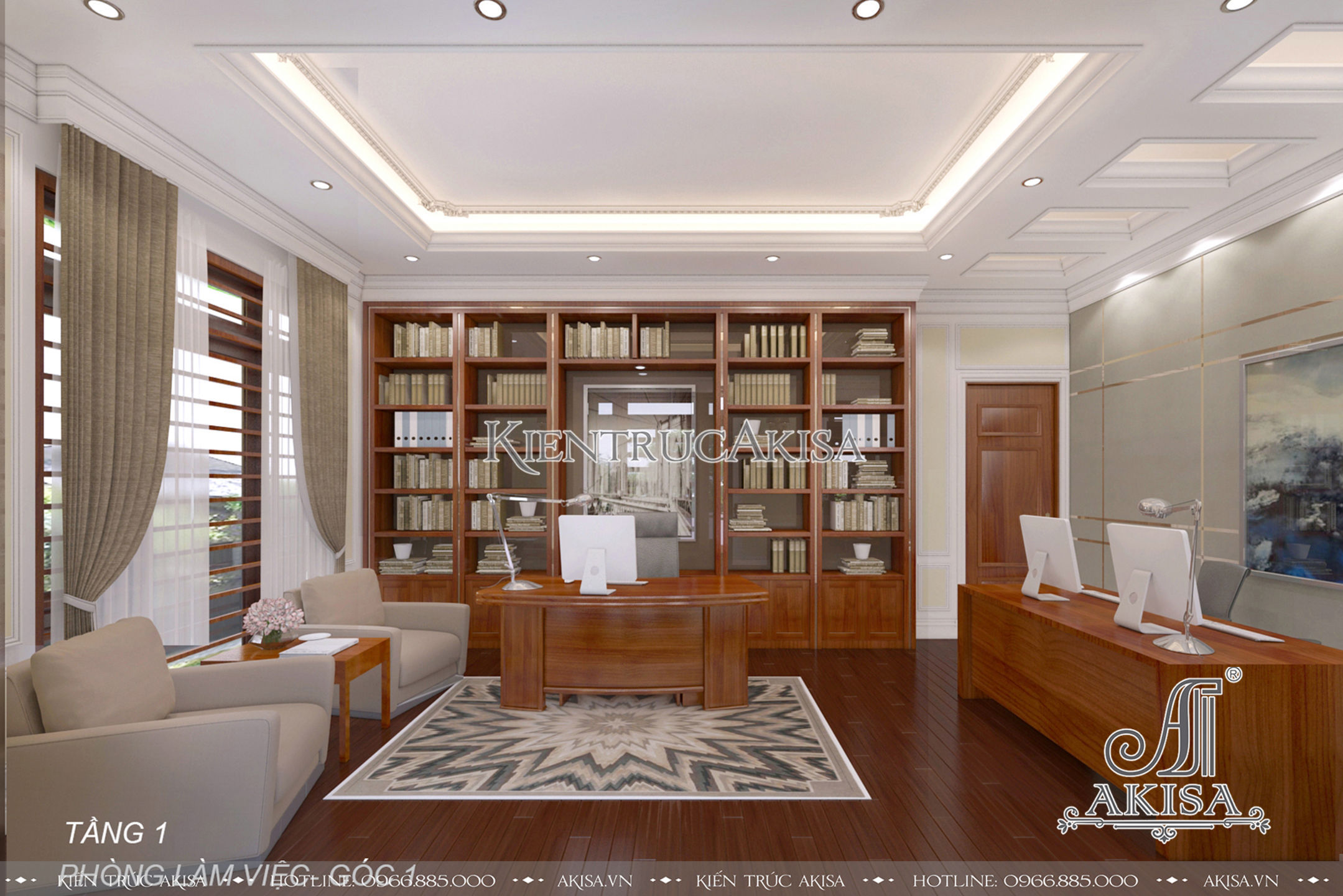 Phòng làm việc sơn màu vàng nhạt kết hợp với các đồ nội thất, sàn bằng gỗ, thảm trải sàn thiết kế đơn giản tạo vẻ đẹp nhẹ nhàng, tinh tế.
