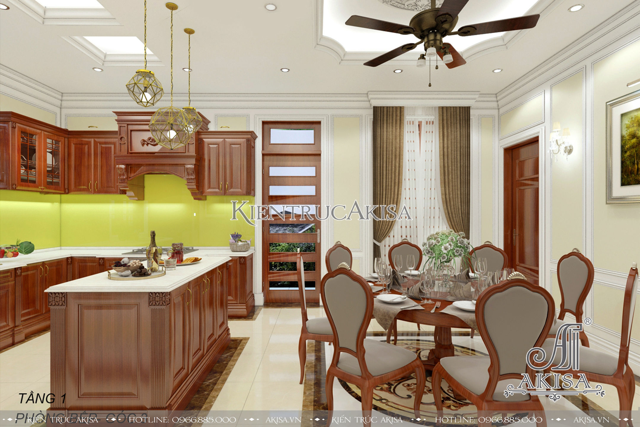 Phòng bếp thiết kế đơn giản, ấm cúng với các vật dụng nội thất bằng gỗ đồng bộ với phòng khách, là nơi sum họp gắn kết các thành viên trong gia đình.