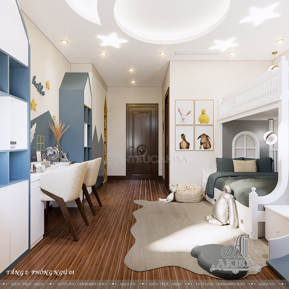 Phòng ngủ 3 dành cho bé trai được thiết kế với gam màu trắng - xanh đẹp mắt với chủ đề hoạt hình đơn giản và đáng yêu