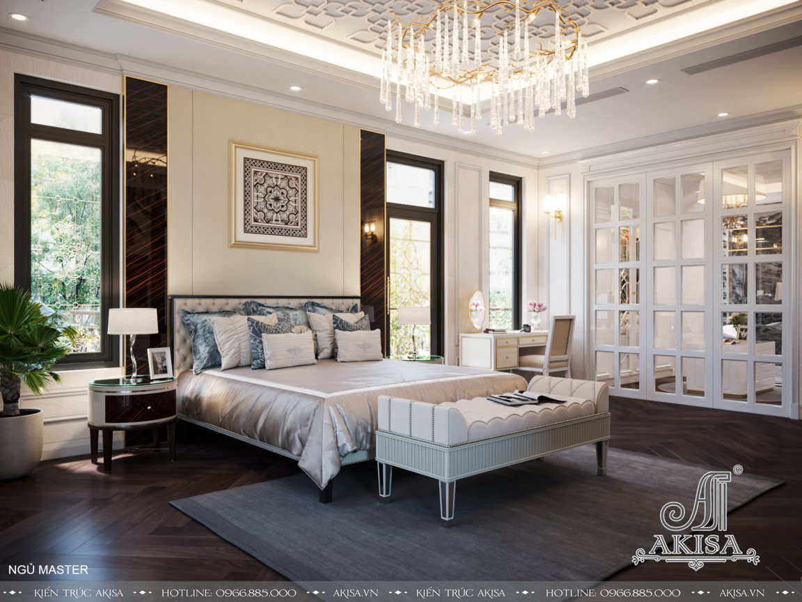 Phòng ngủ Master rộng rãi với gam màu trắng cùng các vật dụng nội thất sang trọng, xa hoa