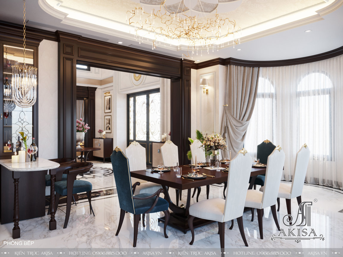Phòng ăn được thiết kế đồng bộ, có sự kết nối với phòng khách mang vẻ đẹp tinh tế, thanh lịch và cảm giác thông thoáng