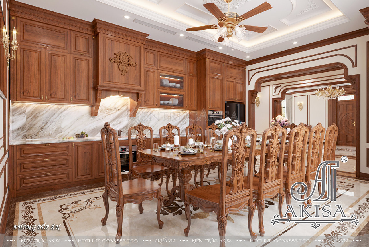 Nội thất phòng bếp ấn tượng với nội thất bằng gỗ sang trọng nhưng vẫn đầy đủ tiện nghi