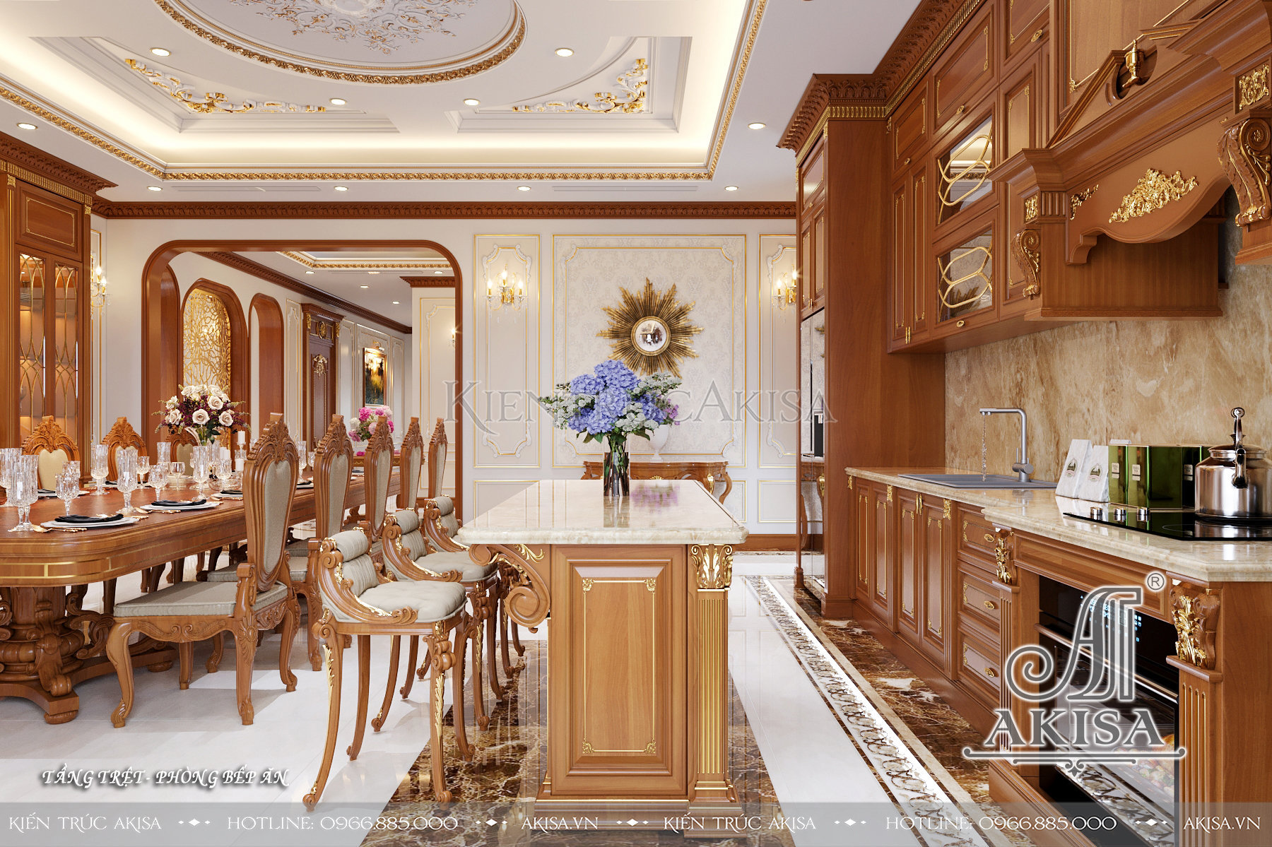 Thiết kế nội thất biệt thự tân cổ điển gỗ gõ đỏ - Phòng bếp ăn