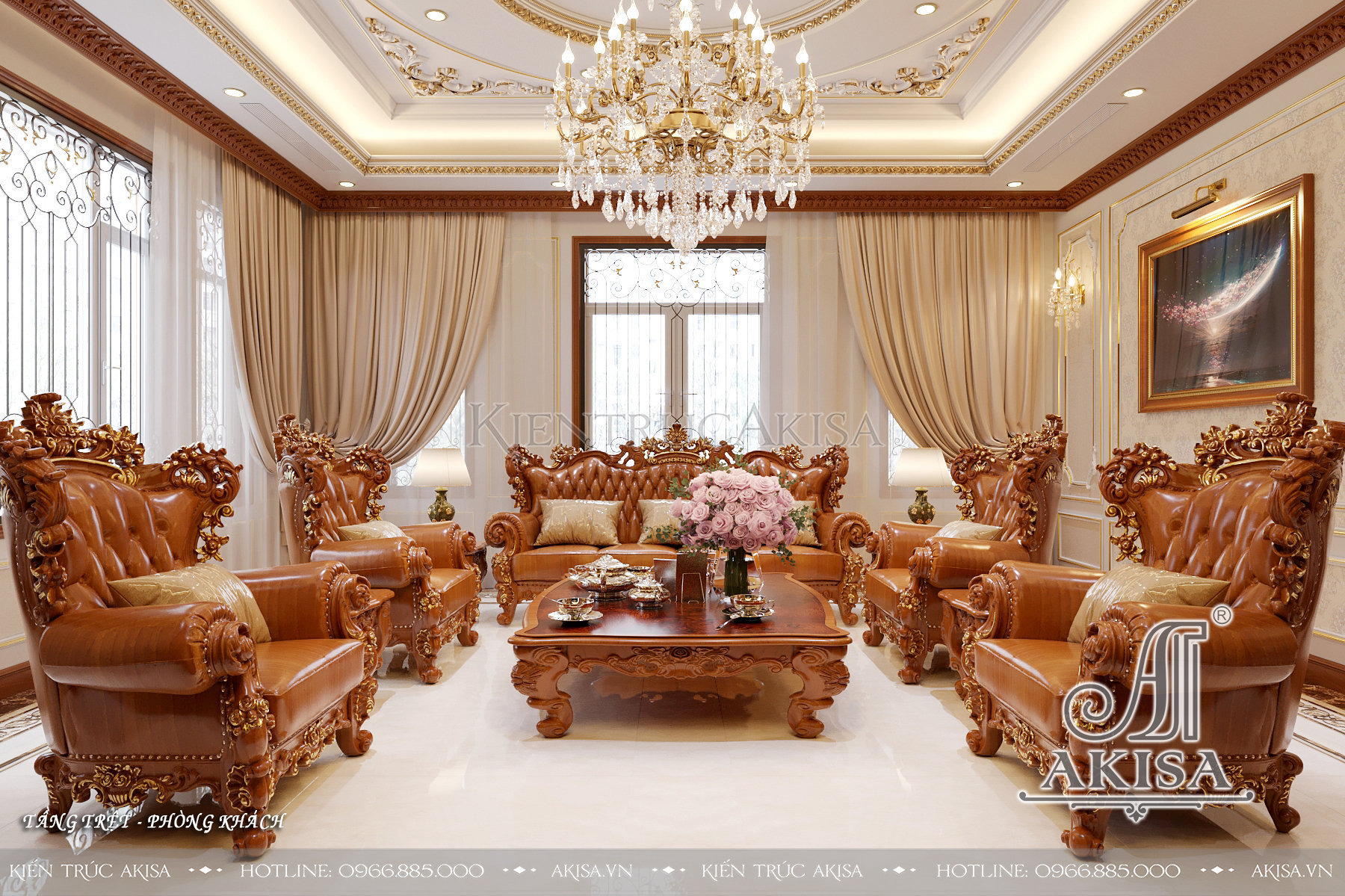 Thiết kế nội thất biệt thự tân cổ điển gỗ gõ đỏ - Phòng khách