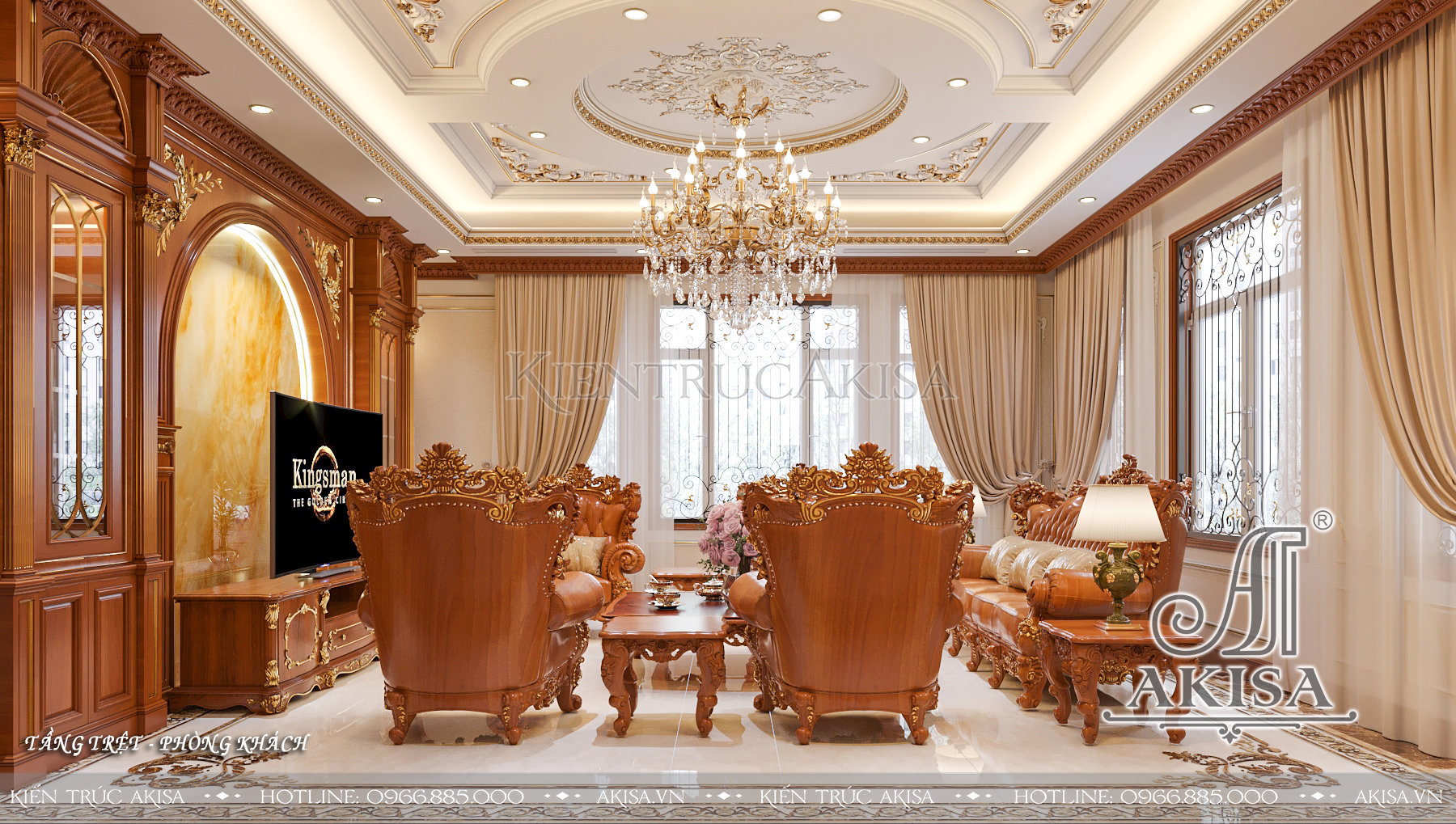 Thiết kế nội thất biệt thự tân cổ điển gỗ gõ đỏ - Phòng khách
