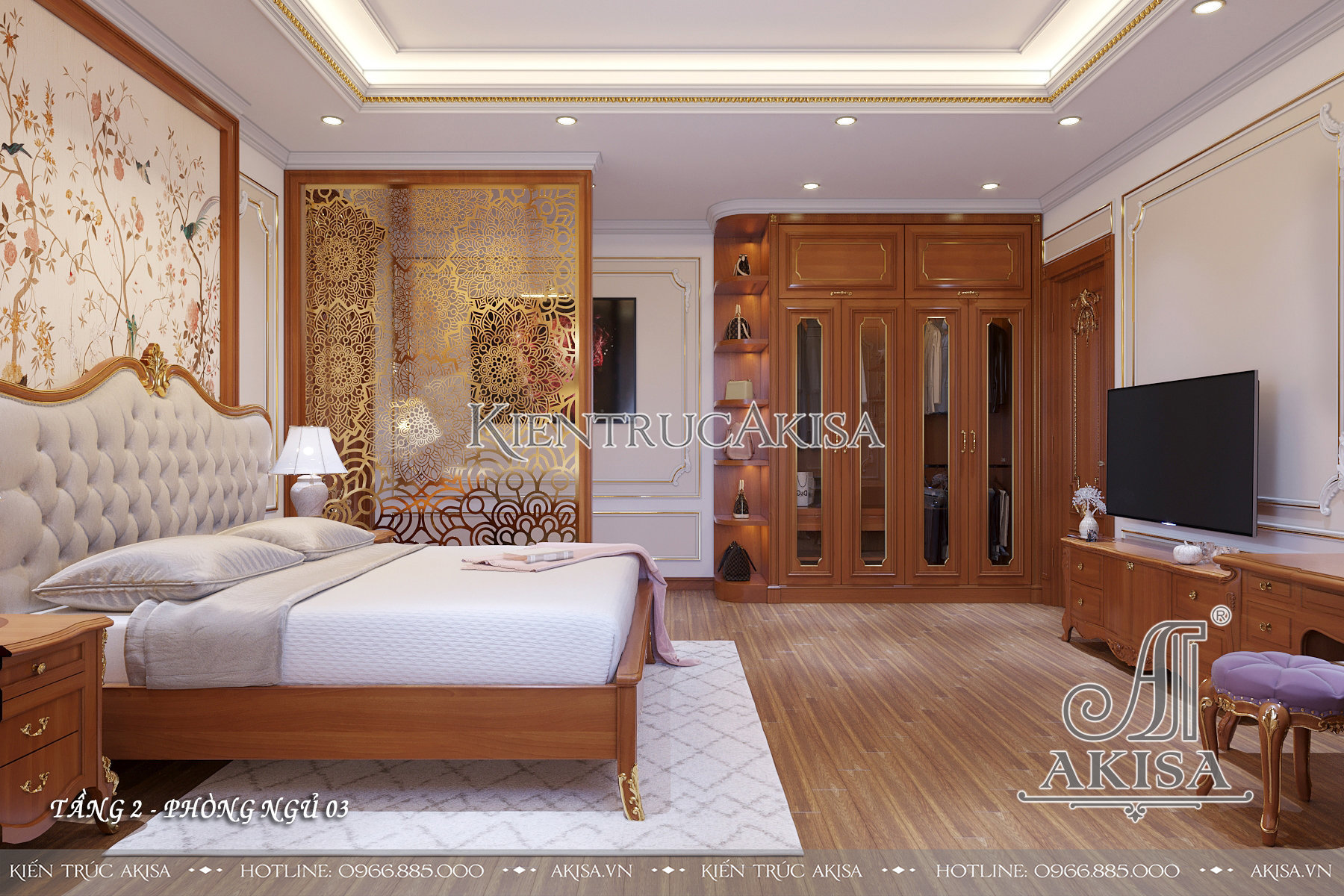 Thiết kế nội thất biệt thự tân cổ điển gỗ gõ đỏ - Phòng ngủ 03