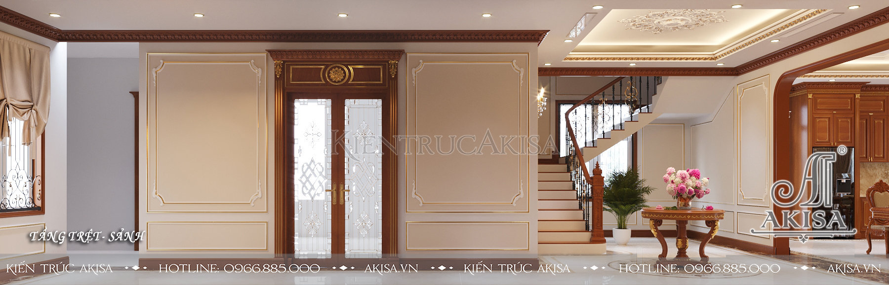 Thiết kế nội thất biệt thự tân cổ điển gỗ gõ đỏ - Sảnh tầng 1