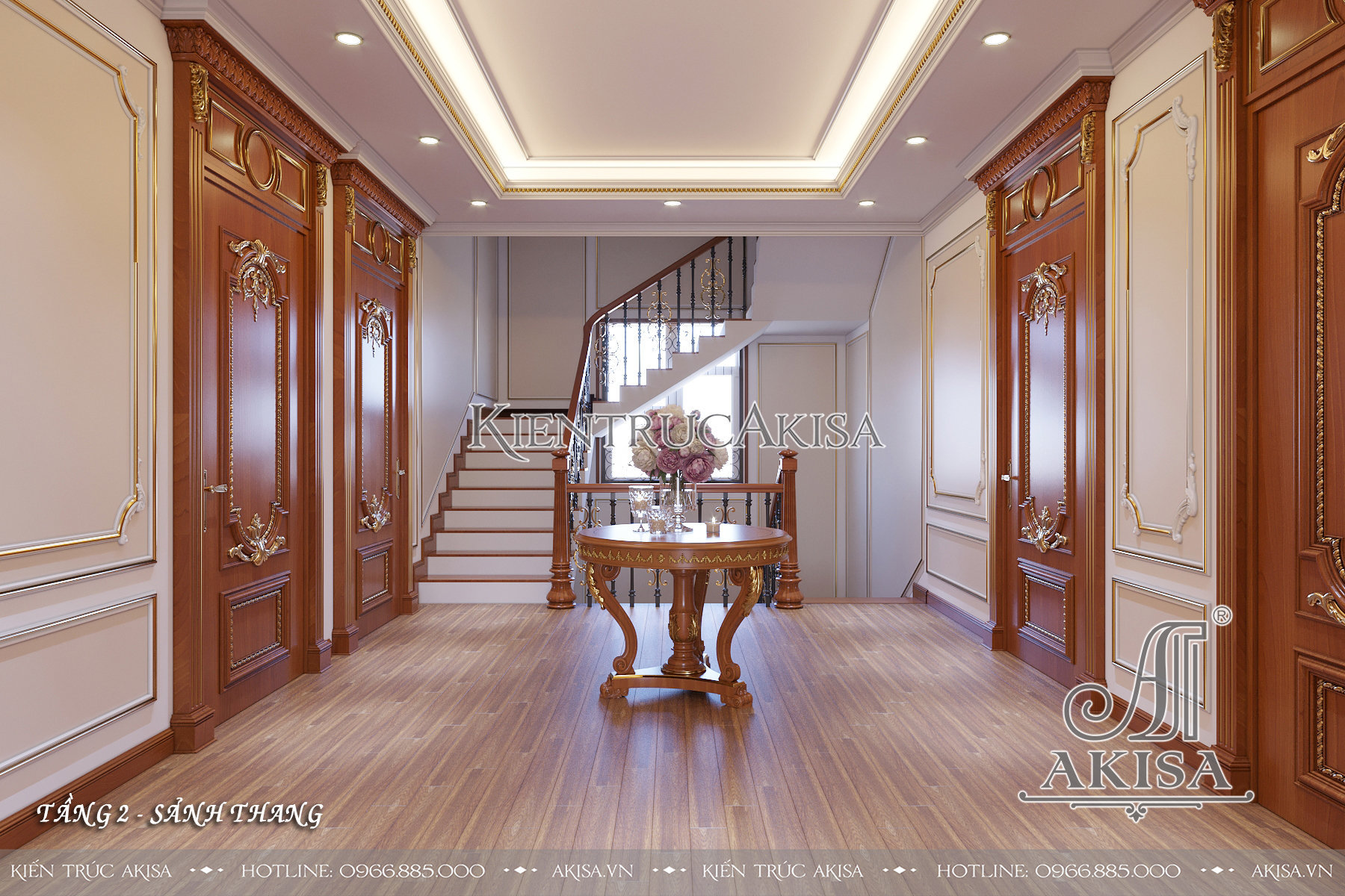 Thiết kế nội thất biệt thự tân cổ điển gỗ gõ đỏ - Sảnh thang tầng 2