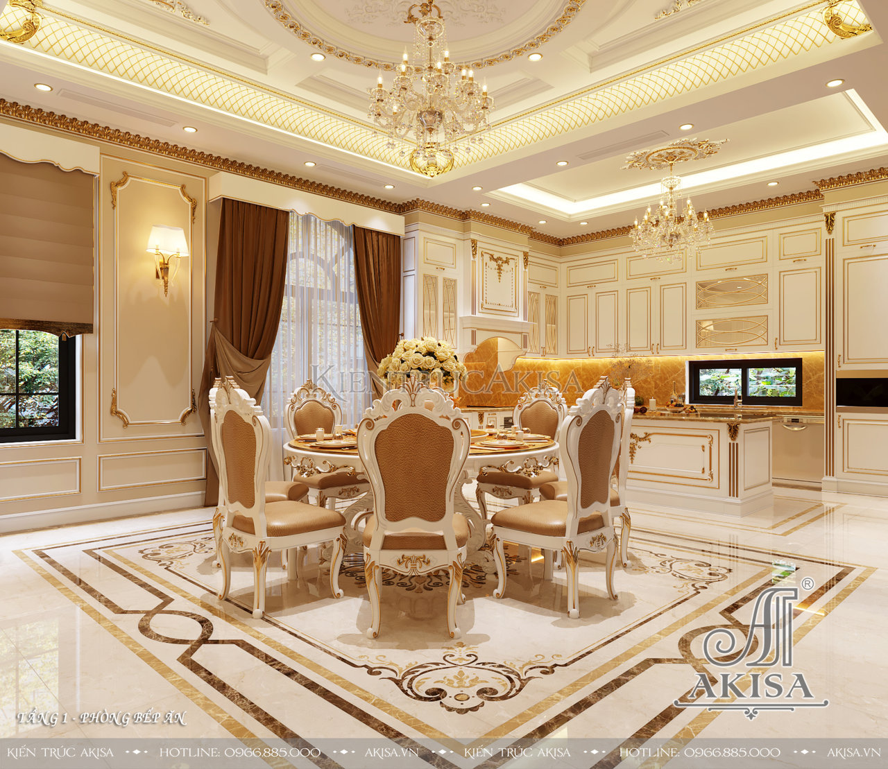 Mẫu thiết kế nội thất phòng bếp dát vàng cho biệt thự tân cổ điển
