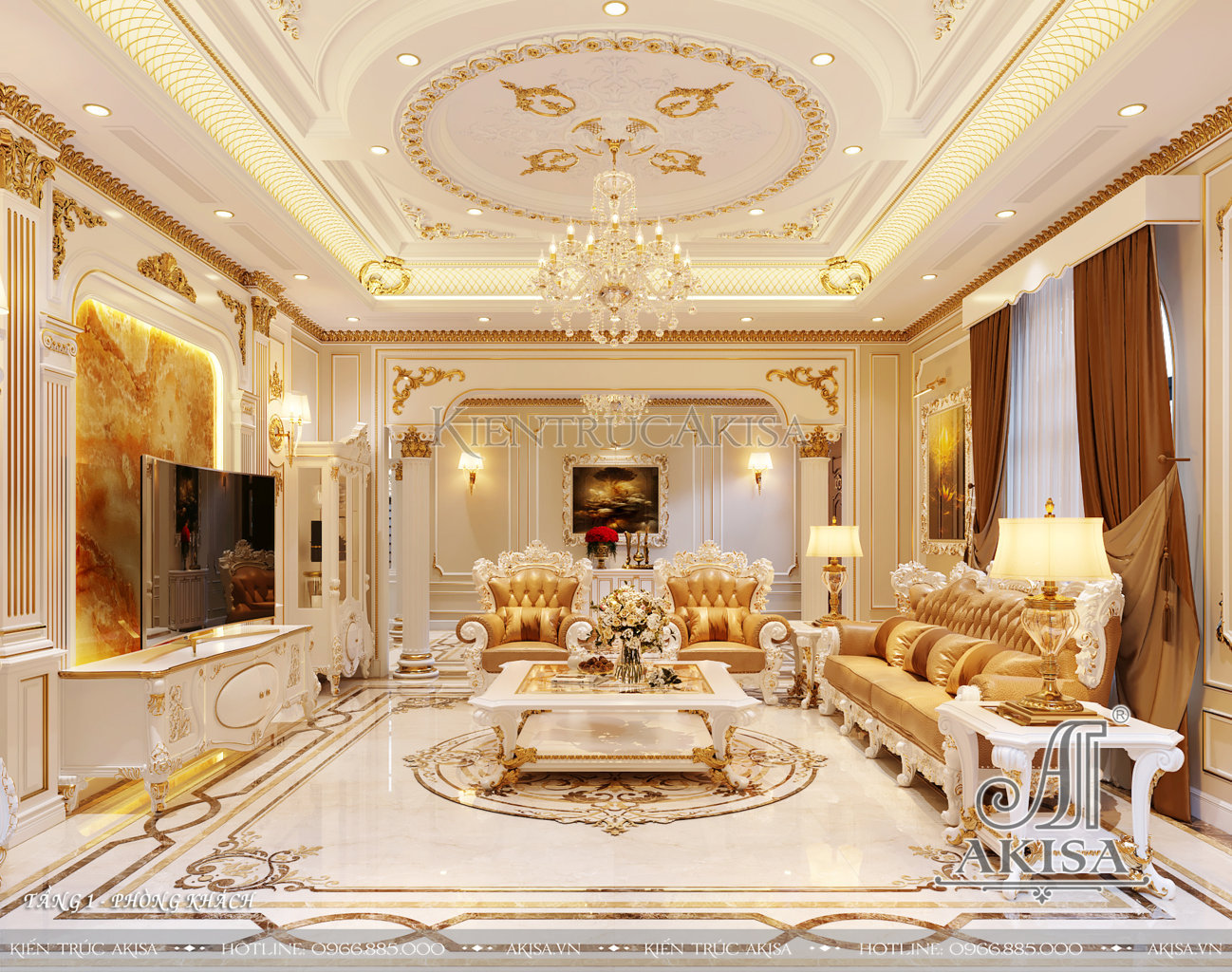 Thiết kế nội thất phòng khách biệt thự tân cổ điển dát vàng