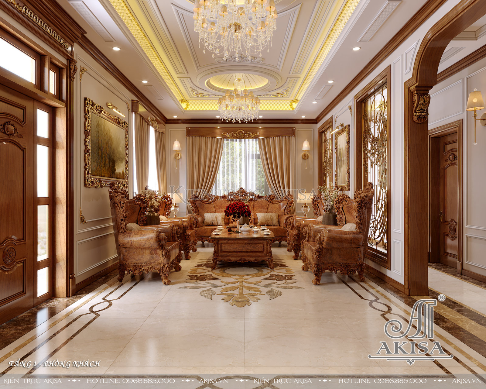 Thiết kế nội thất tân cổ điển gỗ Hương đẹp sang trọng - Phòng khách