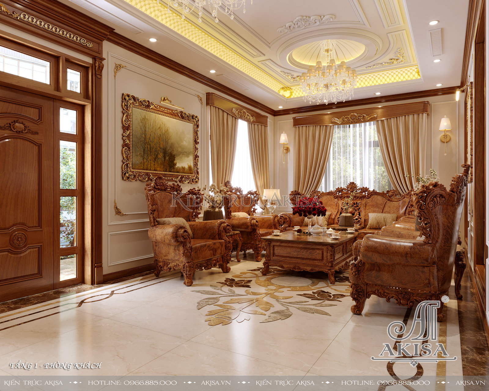 Thiết kế nội thất tân cổ điển gỗ Hương đẹp sang trọng - Phòng khách