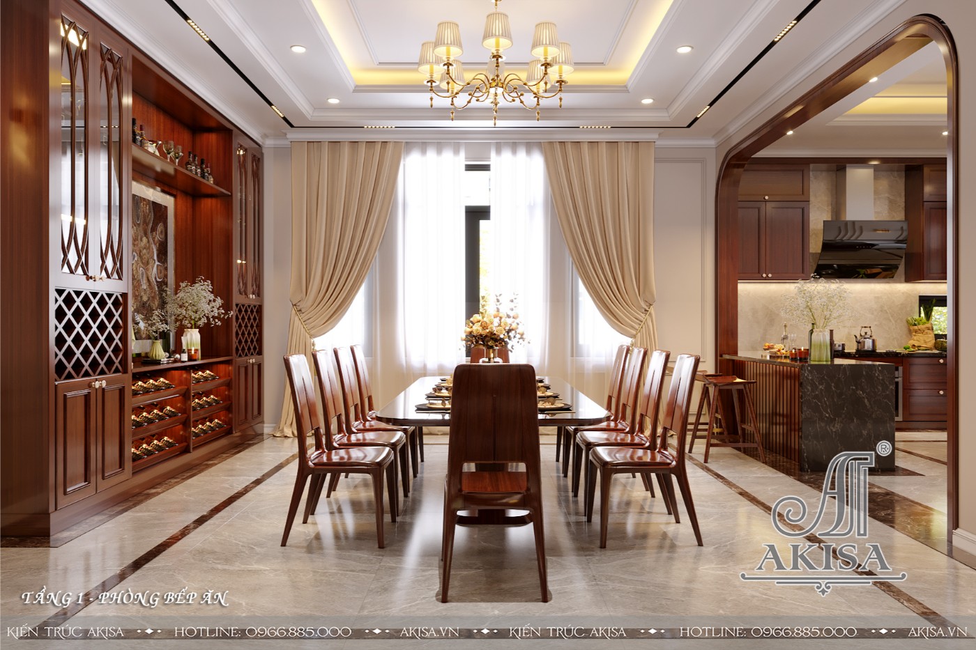 Mẫu nội thất gỗ gõ đỏ phong cách tân cổ luxury - Phòng bếp ăn