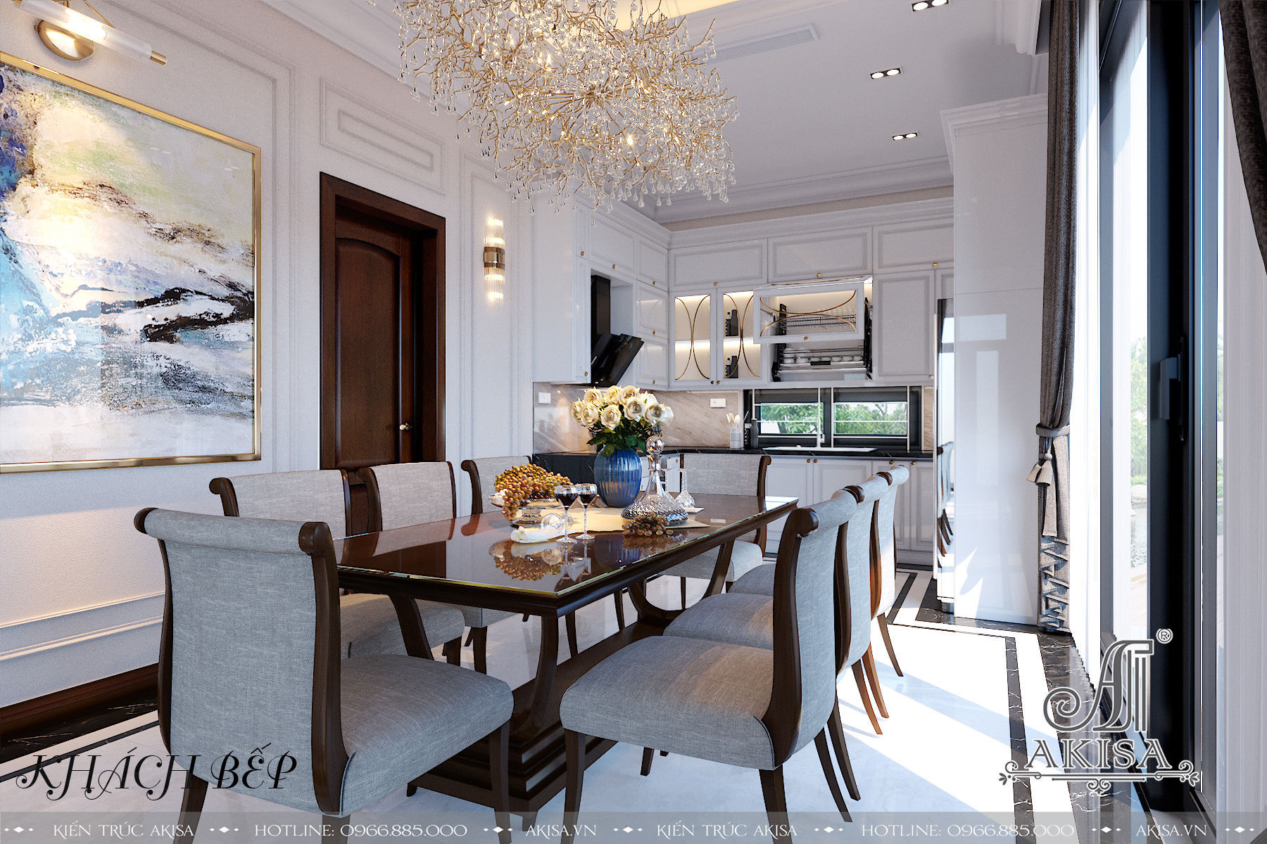 Phòng ăn mang tông màu trắng - xám nhẹ nhàng, thiết kế đơn giản hướng tới sự tiện nghi tối ưu.