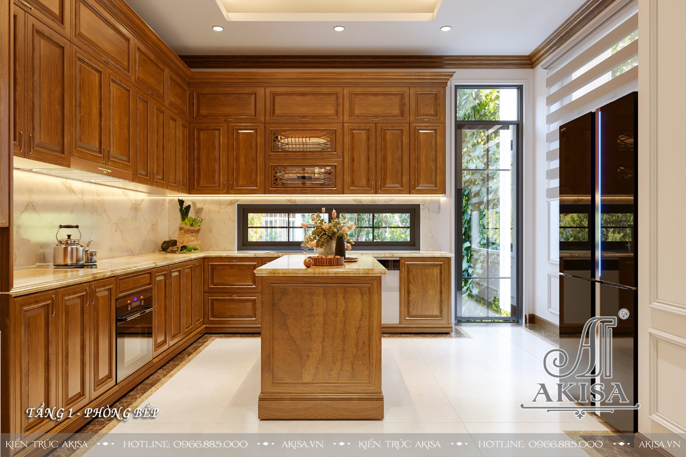 Mẫu nội thất tân cổ điển gỗ tự nhiên biệt thự 3 tầng - Phòng bếp ăn