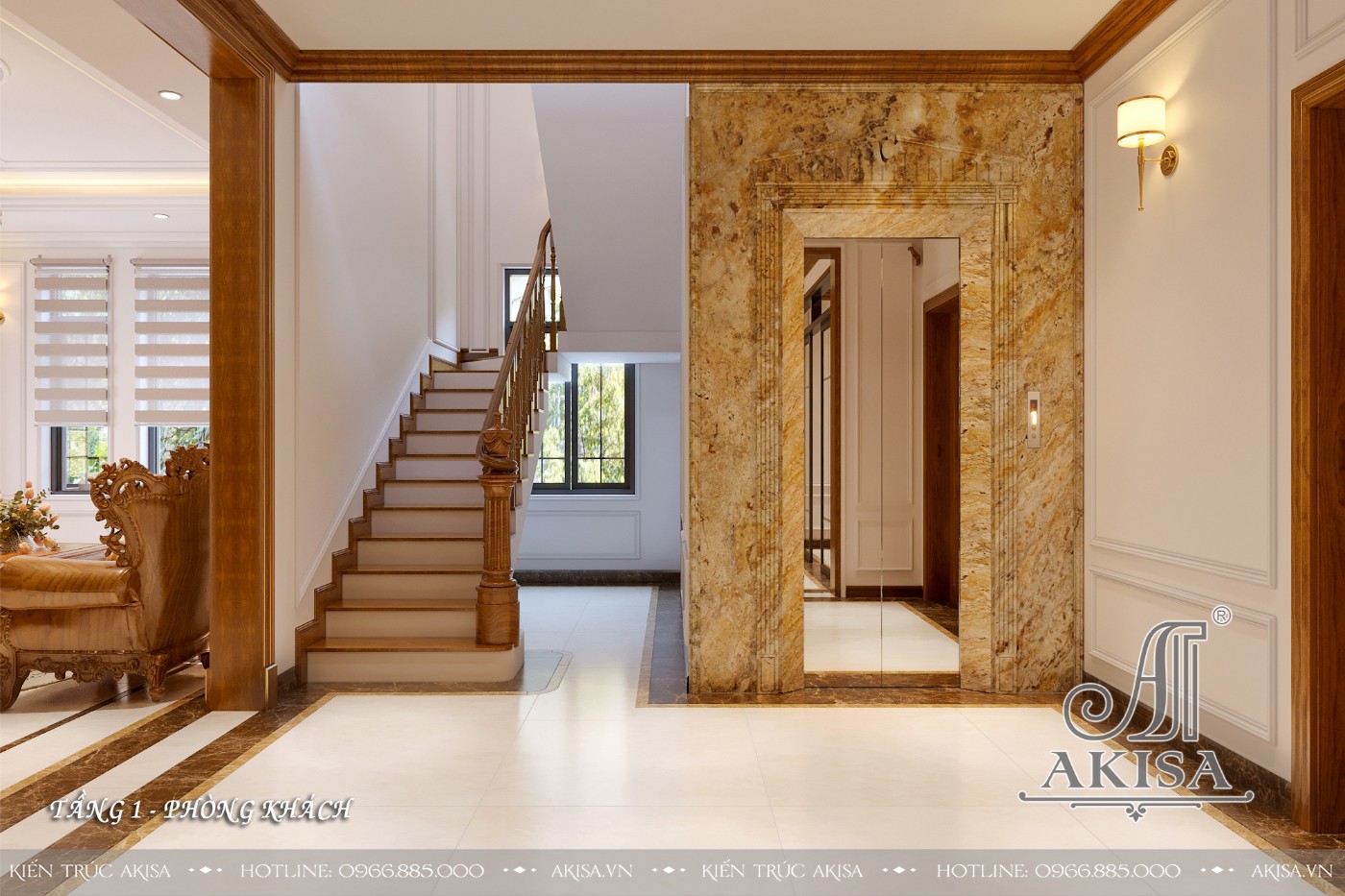 Mẫu nội thất tân cổ điển gỗ tự nhiên biệt thự 3 tầng - Phòng khách